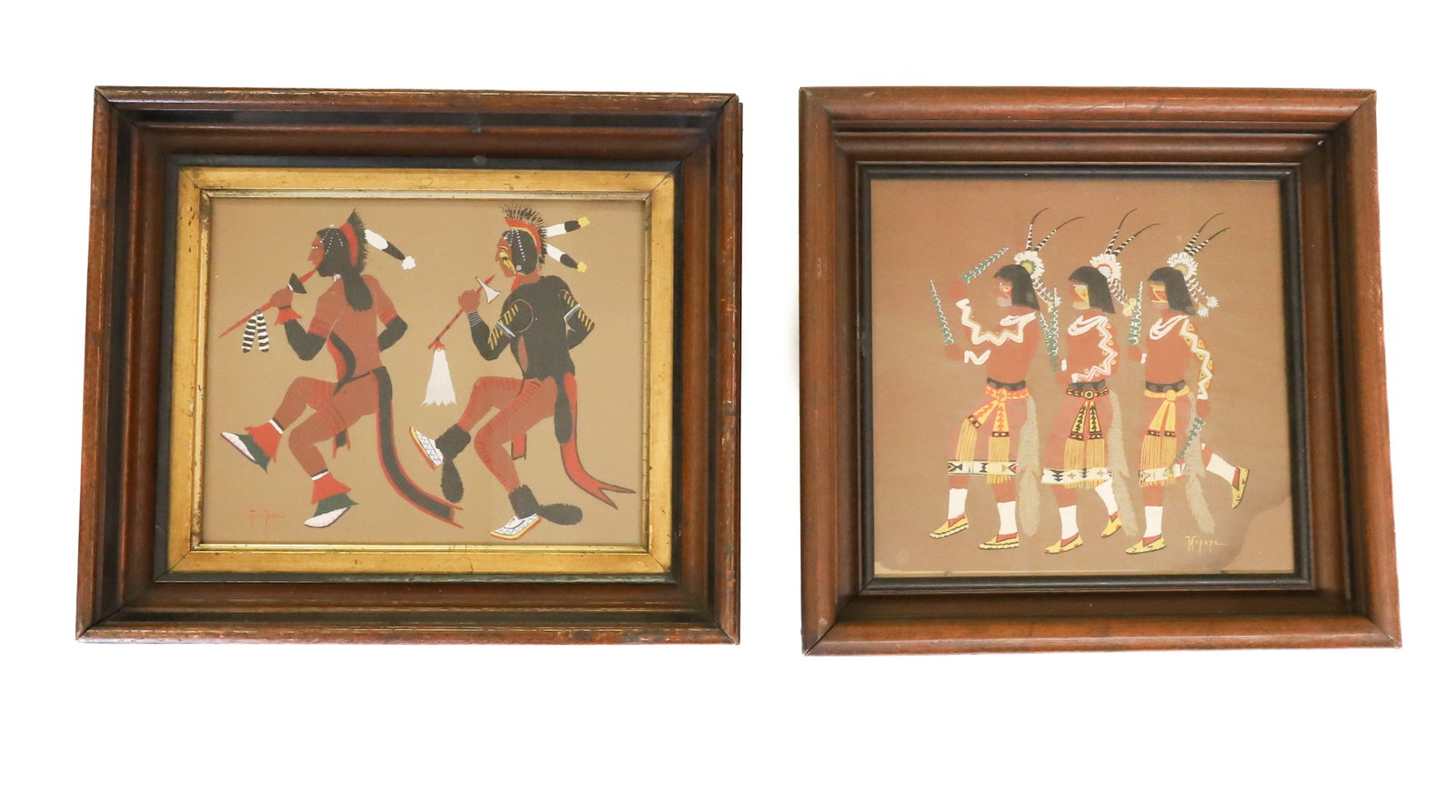 STEPHEN MOPOPE AND MONROE TSATOKE ARTWORK: (KIOWA, 1898-1974) FROM KIOWA INDIAN ART PORTFOLIO (NO. 19) HOPI GREEN DANCE. SGND. BOTTOM RIGHT. FRAMED UNDER GLASS. 12" X 12 1/2" FRAMED SIZE. "DANCE OF THE DOG SOLDIERS" SGND. BOTTOM LEFT. FRAMED