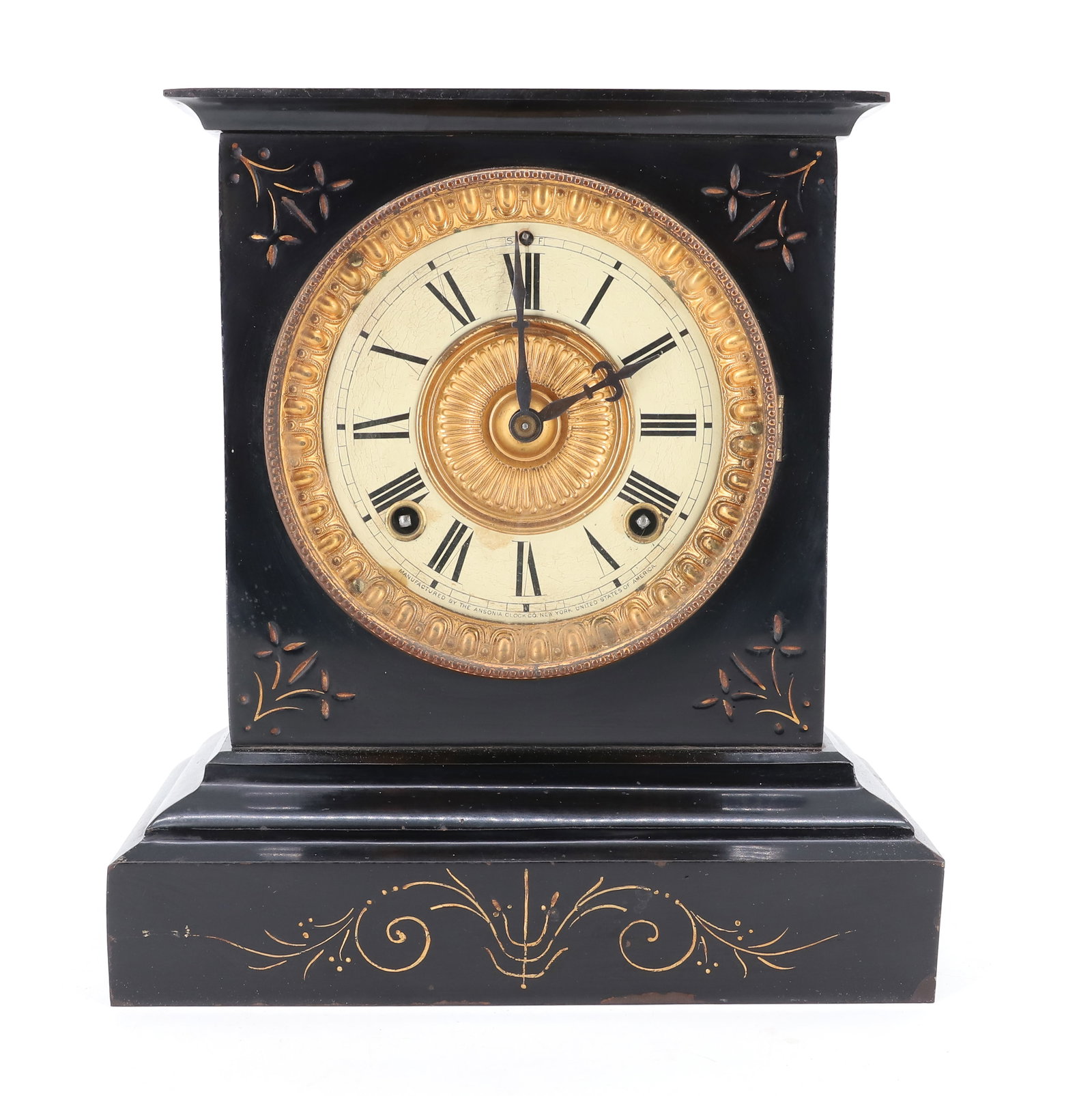ANSONIA MANTLE CLOCK: PAINTED SLATE CASE WITH BRASS WORKS. PAINTED DIAL. PENDULUM. NO KEY. 10" X 9 1/2" X 4 1/2".