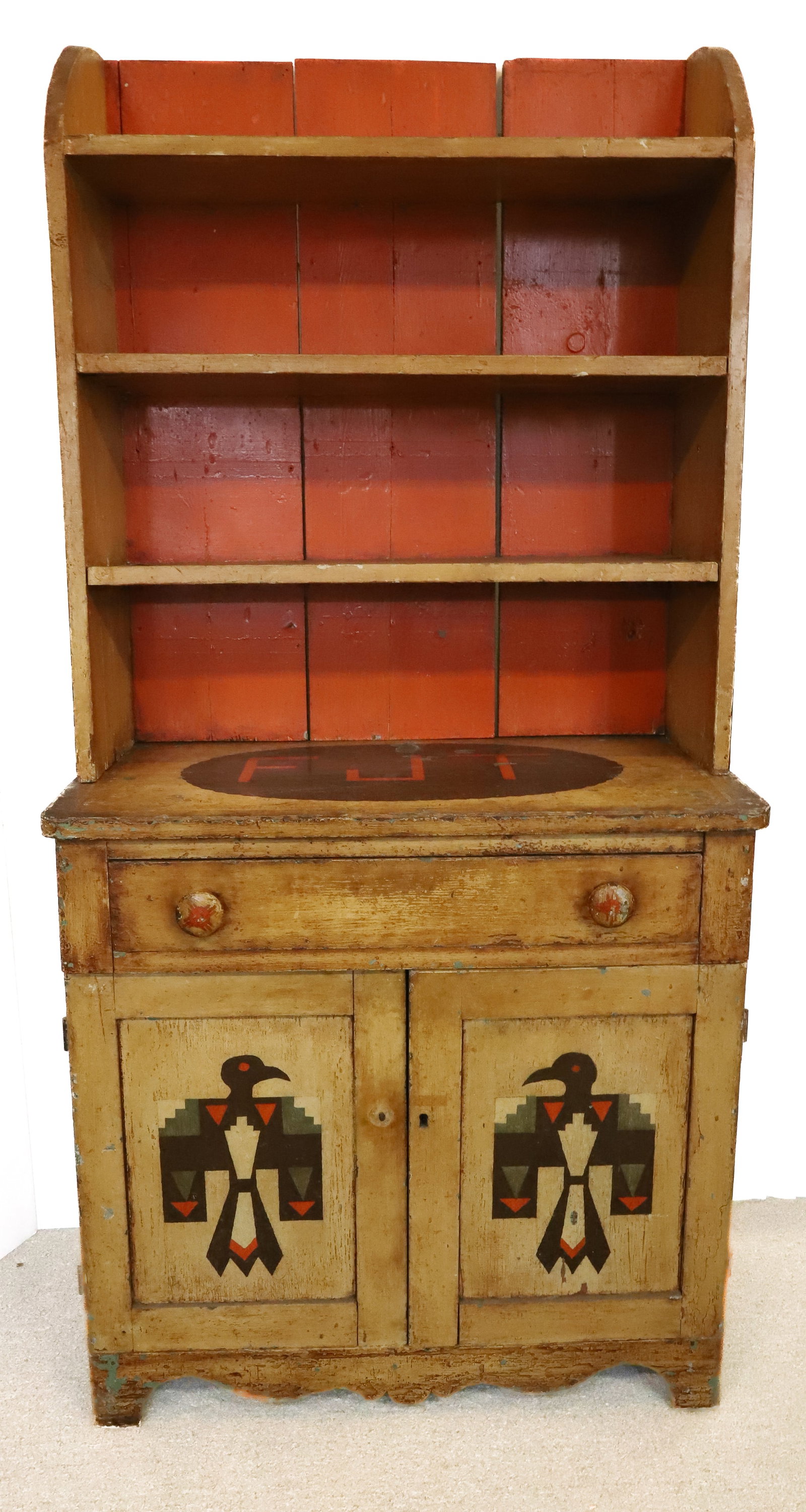 PAINT DECORATED COTTAGE WASHSTAND: ONE-DRAWER OVER TWO DOORS. SHELF RESTING ON TOP. NATIVE AMERICAN MOTIFS. 63" X 30 1/2" X 17".
