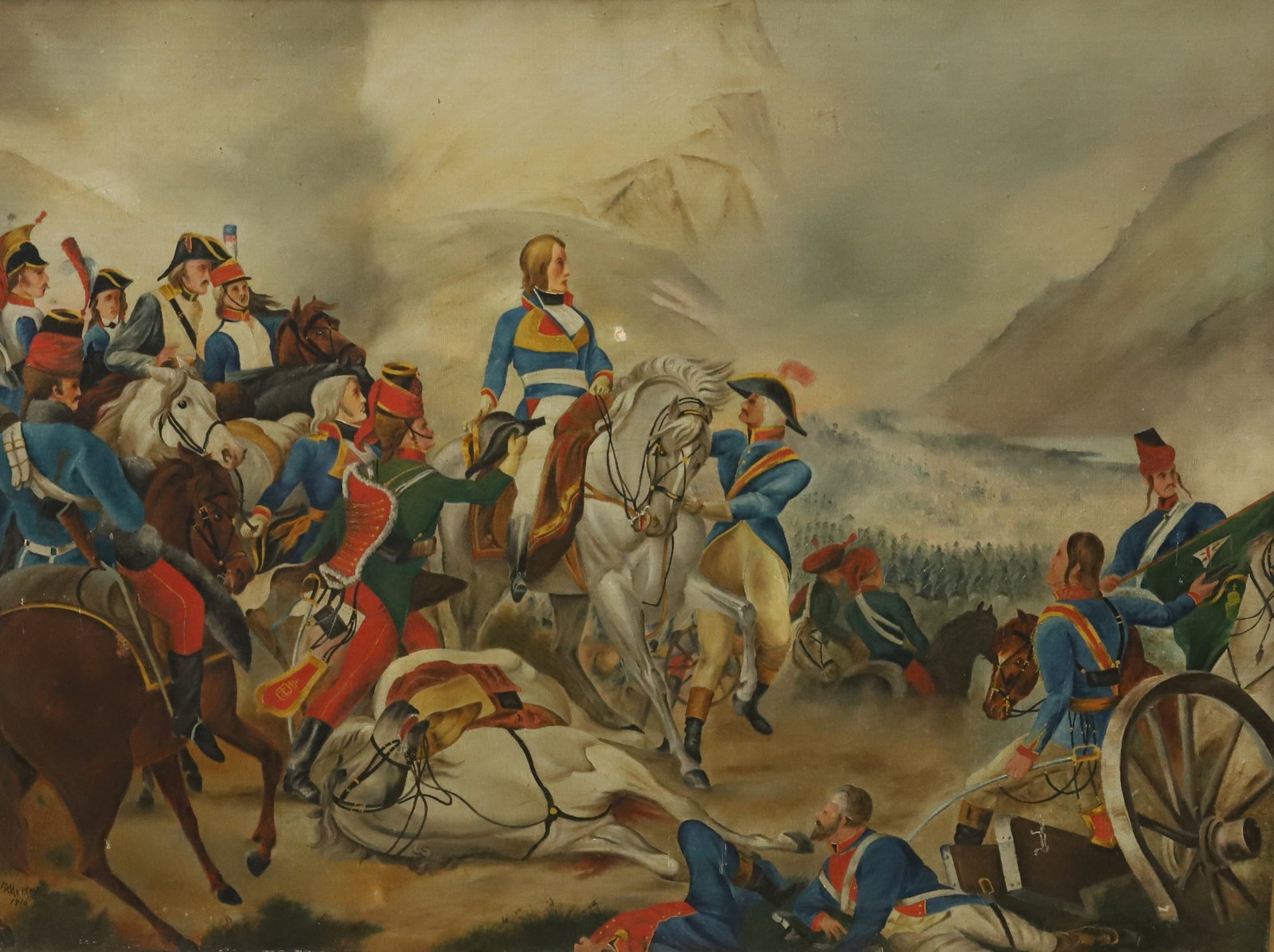 THE BATTLE OF RIVOLI, OIL ON CANVAS: NAPOLEON BONAPARTE CHANGING HIS HORSE IN BATTLE. SGND. A.METTUS ? 1916 (BOTTOM LEFT CORNER). FRAMED SIZE 35" X 43 3/4".