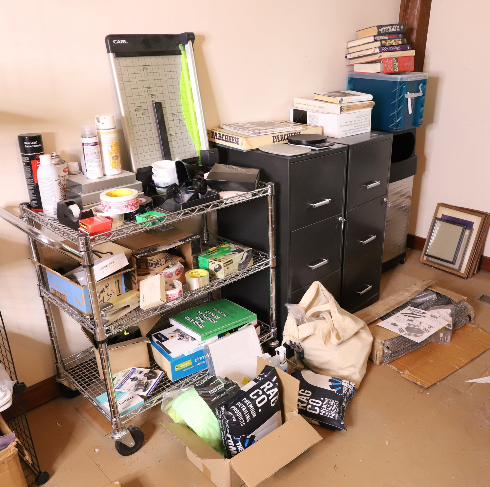 UTILITY CART, METAL FILES, TRASH CAN AND MORE: SUN GLASSES, PREMIUM DETAILING RAGS, BOOKS, FRAMES, AND MORE PLEASE READ CAREFULLY. THIS IS AN ONLINE ONLY AUCTION. PICK-UP WILL TAKE PLACE AT THE LOCATION OF THE AUCTION AT 1570 HARBOURTON ROCKTOWN