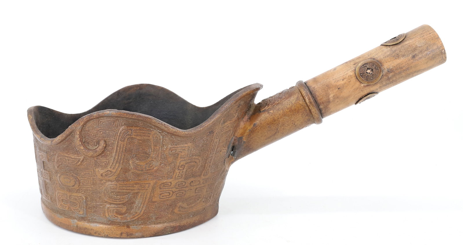 LARGE SIZE ASIAN PAN IRON: POT METAL WITH WOODEN HANDLE. CHARACTER MARKS AND SYMBOLS. 16" LENGTH TOTAL. PLEASE READ CAREFULLY - ITEMS MUST BE PAID FOR THROUGH LIVE AUCTIONEERS OR WITH CASH OR CHECK IN PERSON - Terms for