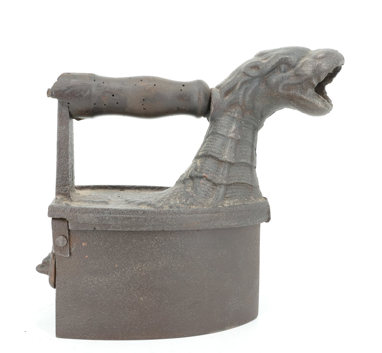 DRAGON CHARCOAL IRON: REAR FIGURAL DAMPER. DRAGON CHIMNEY. SIDE LATCH. 9" L. PLEASE READ CAREFULLY - ITEMS MUST BE PAID FOR THROUGH LIVE AUCTIONEERS OR WITH CASH OR CHECK IN PERSON - Terms for Purchasing and Shipping of