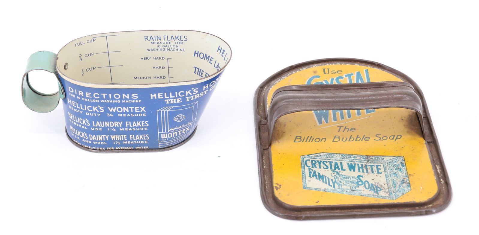 (2) VINTAGE LAUNDRY SOAP ADVERTISERS: TIN LITHO "USE CRYSTAL WHITE, THE BILLION BUBBLE SOAP" SCRUBBER. HELLICK "HIGHEST QUALITY LAUNDRY FLAKES" MEASURING CUP. SCRUBBER IS 6 3/4" L. PLEASE READ CAREFULLY - ITEMS MUST BE PAID FOR THROUGH LI