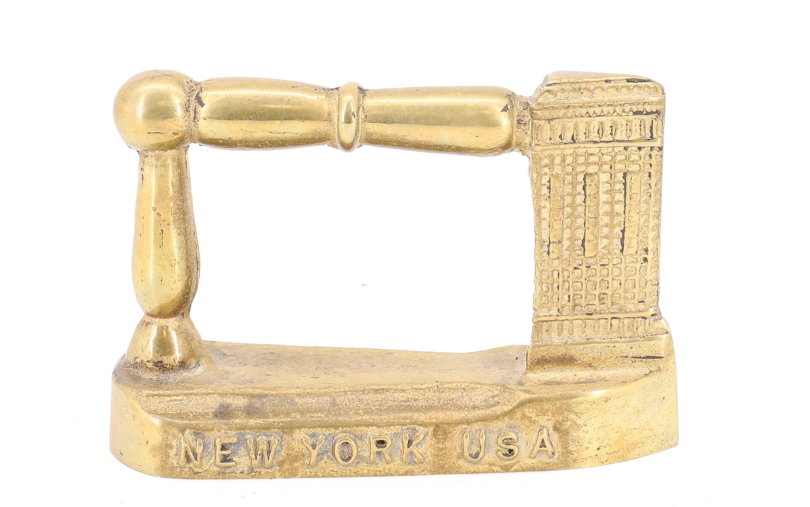 NOVELTY FLAT IRON: DEPICTS NY FLAT IRON BUILDING. IN BRASS. 4 1/2" L. PLEASE READ CAREFULLY - ITEMS MUST BE PAID FOR THROUGH LIVE AUCTIONEERS OR WITH CASH OR CHECK IN PERSON - Terms for Purchasing and Shipping of Auctio