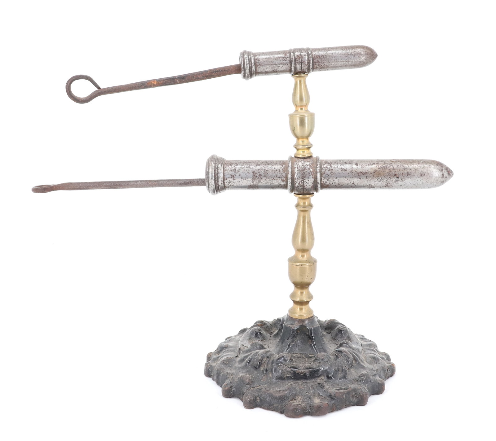 DOUBLE-BARREL ENGLISH GOFFERING IRON: ROUND FIGURED BASE WITH BRASS POST AND IRON BARRELS W/ HEAT RODS. 4 3/4" TO 8" BARRELS. PLEASE READ CAREFULLY - ITEMS MUST BE PAID FOR THROUGH LIVE AUCTIONEERS OR WITH CASH OR CHECK IN PERSON - Terms 