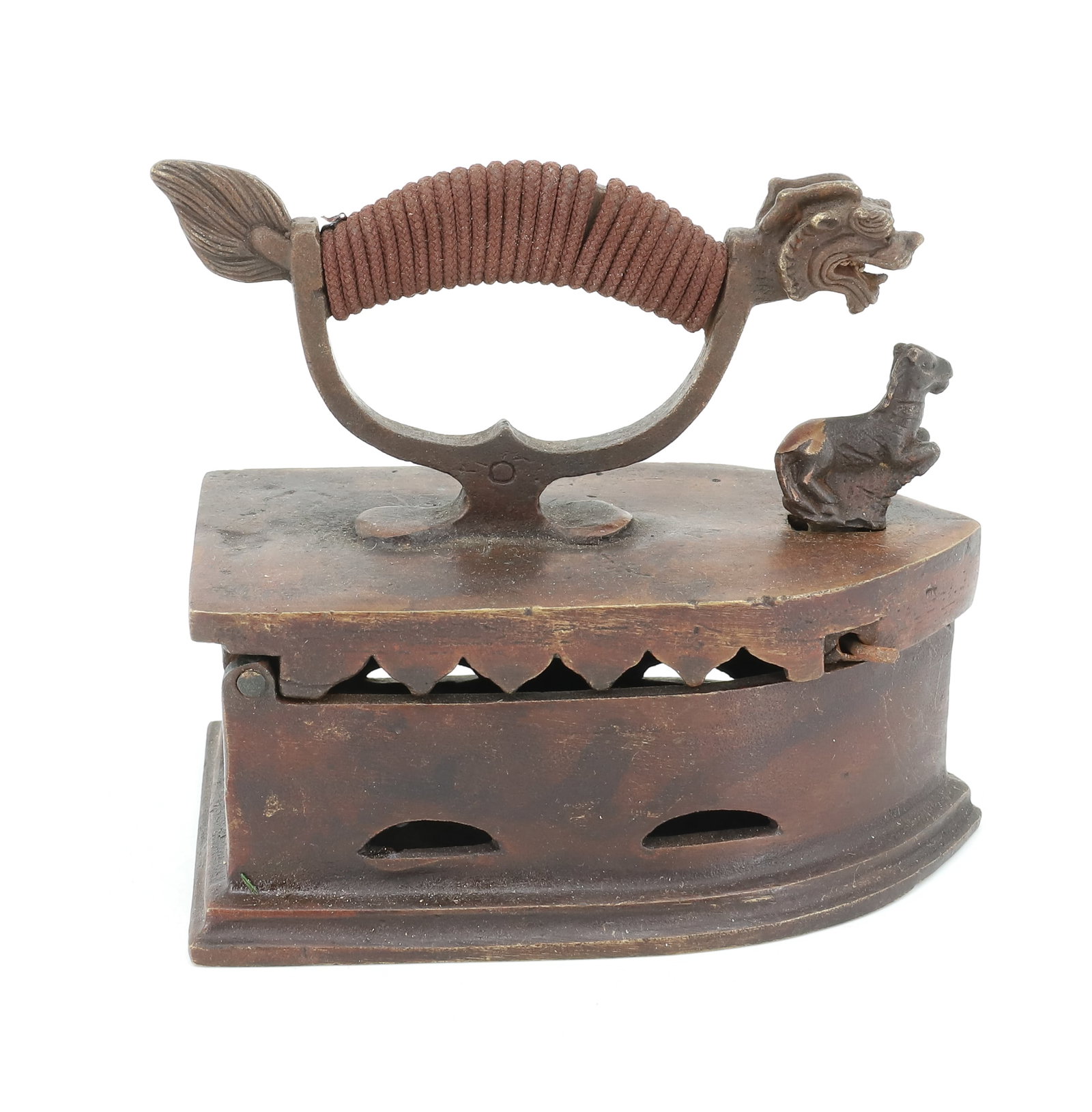 SMALL SIZE CHARCOAL IRON: FANTASY CHARCOAL IRON WITH DRAGON HANDLE HORSE FRONT LATCH. 4 3/4" L. PLEASE READ CAREFULLY - ITEMS MUST BE PAID FOR THROUGH LIVE AUCTIONEERS OR WITH CASH OR CHECK IN PERSON - Terms for Purchasing and