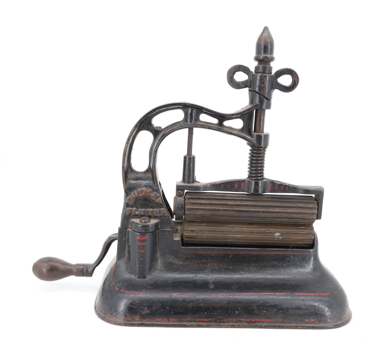 DUDLEY FLUTER: CAST IRON WITH PAINT DECORATION. BRASS ROLLERS. (6" L.) NOV. 14, 1876 PATENT. PLEASE READ CAREFULLY - ITEMS MUST BE PAID FOR THROUGH LIVE AUCTIONEERS OR WITH CASH OR CHECK IN PERSON - Terms for Purcha