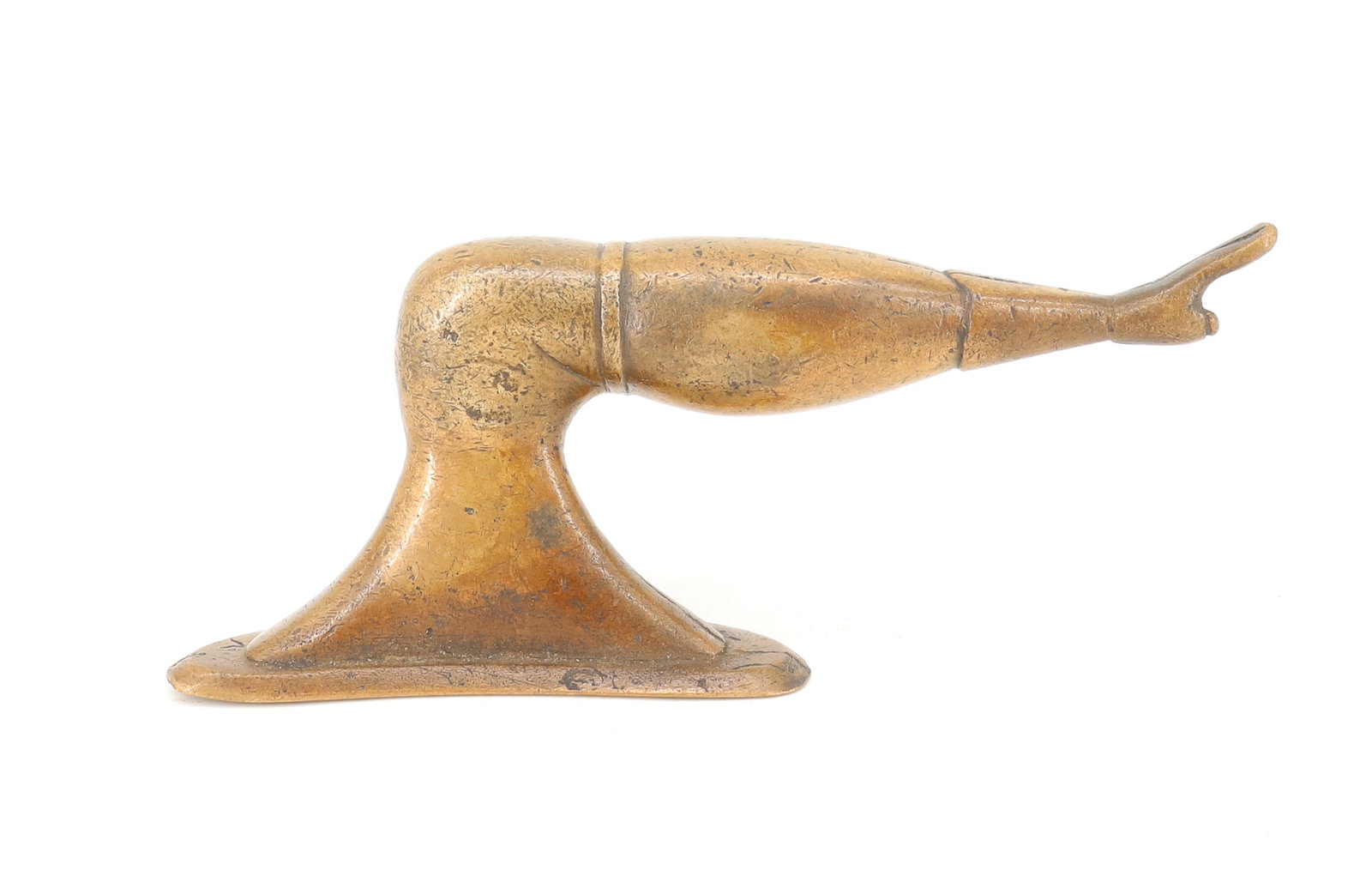 FIGURAL BRASS HAT TOLLIKER: HAT BRIM FINISHING TOOL WITH UNUSUAL LEG SHAPED HANDLE. 6 3/4". PLEASE READ CAREFULLY - ITEMS MUST BE PAID FOR THROUGH LIVE AUCTIONEERS OR WITH CASH OR CHECK IN PERSON - Terms for Purchasing and Shipp