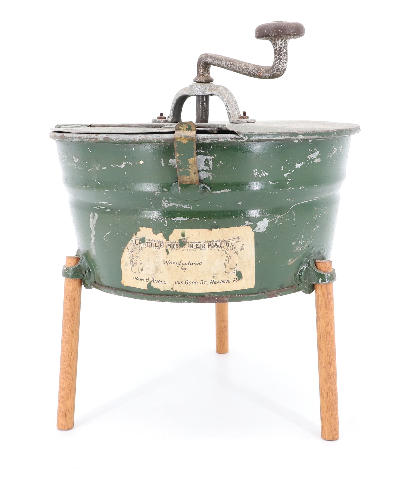 LITTLE MISS MERMAID TOY WASHING MACHINE: GREEN PAINTED METAL WASHTUB ON WOODEN LEGS. ORIGINAL LABEL "...READING, PA" 8 3/4" X 9 1/4". PLEASE READ CAREFULLY - ITEMS MUST BE PAID FOR THROUGH LIVE AUCTIONEERS OR WITH CASH OR CHECK IN PERSON - T
