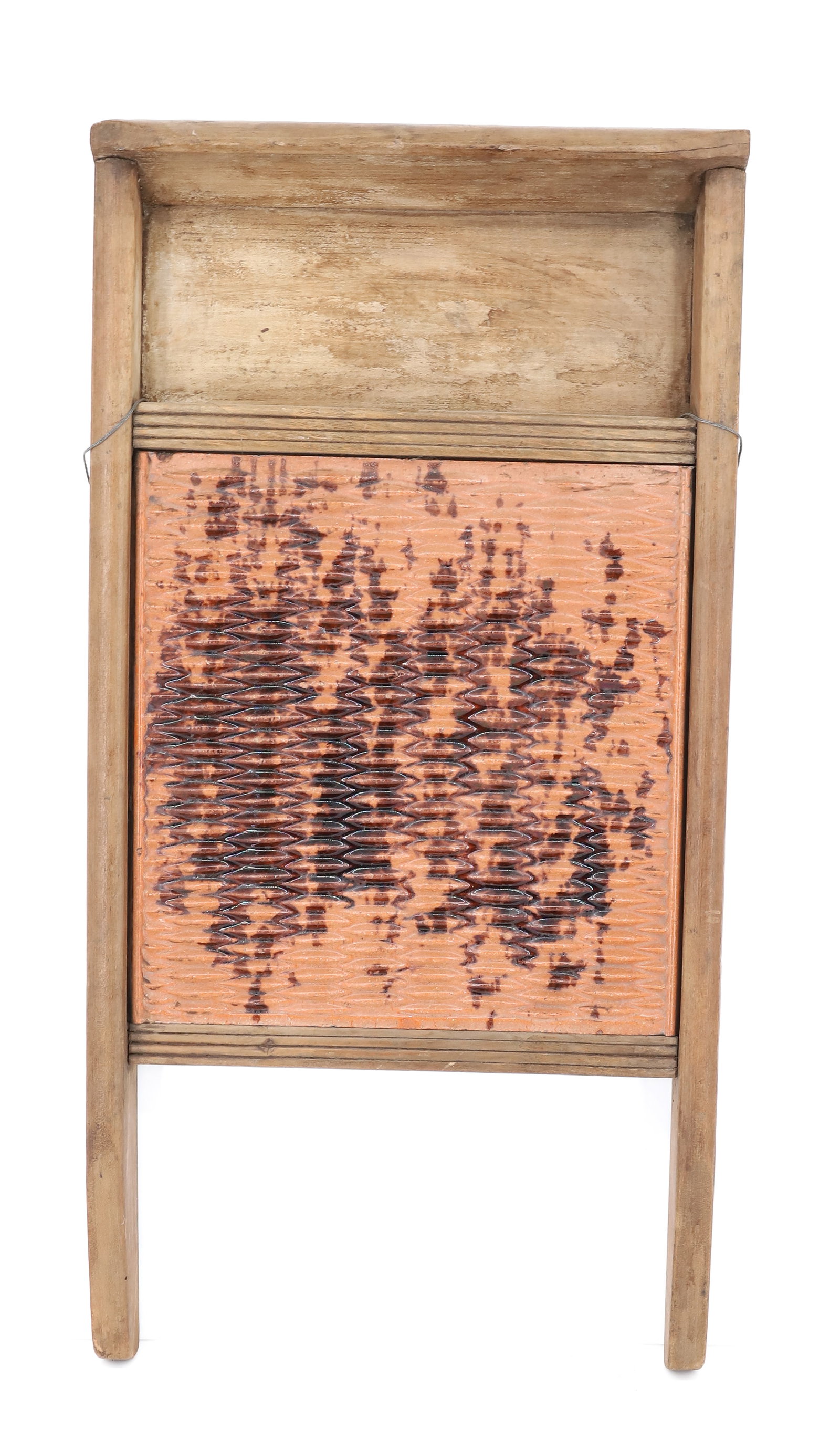 ANTIQUE REDWARE WASHBOARD: WOODEN FRAMEWORK WITH TEXTURED REDWARE POTTERY DECORATED WITH BROWN SPLOTCHES. 23 1/2" X 12". PLEASE READ CAREFULLY - ITEMS MUST BE PAID FOR THROUGH LIVE AUCTIONEERS OR WITH CASH OR CHECK IN PERSON - 