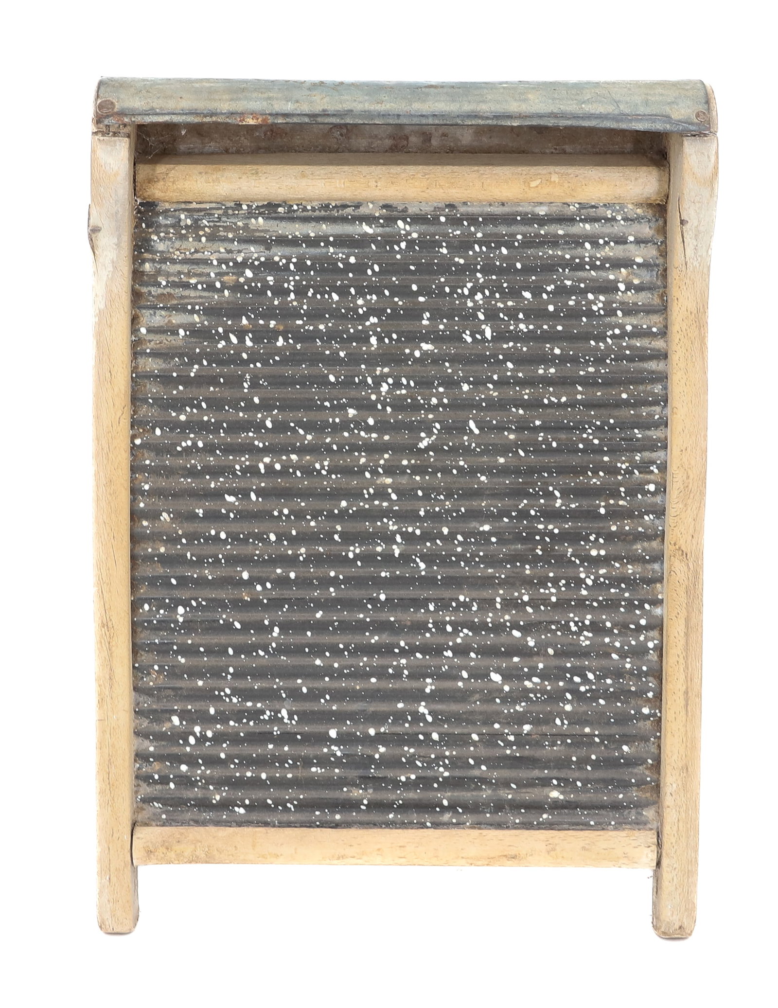 VINTAGE WOODEN WASHBOARD: RIBBED SPECKLED METAL INSERT IN WOODEN FRAMEWORK. 18" X 12 3/4". PLEASE READ CAREFULLY - ITEMS MUST BE PAID FOR THROUGH LIVE AUCTIONEERS OR WITH CASH OR CHECK IN PERSON - Terms for Purchasing and