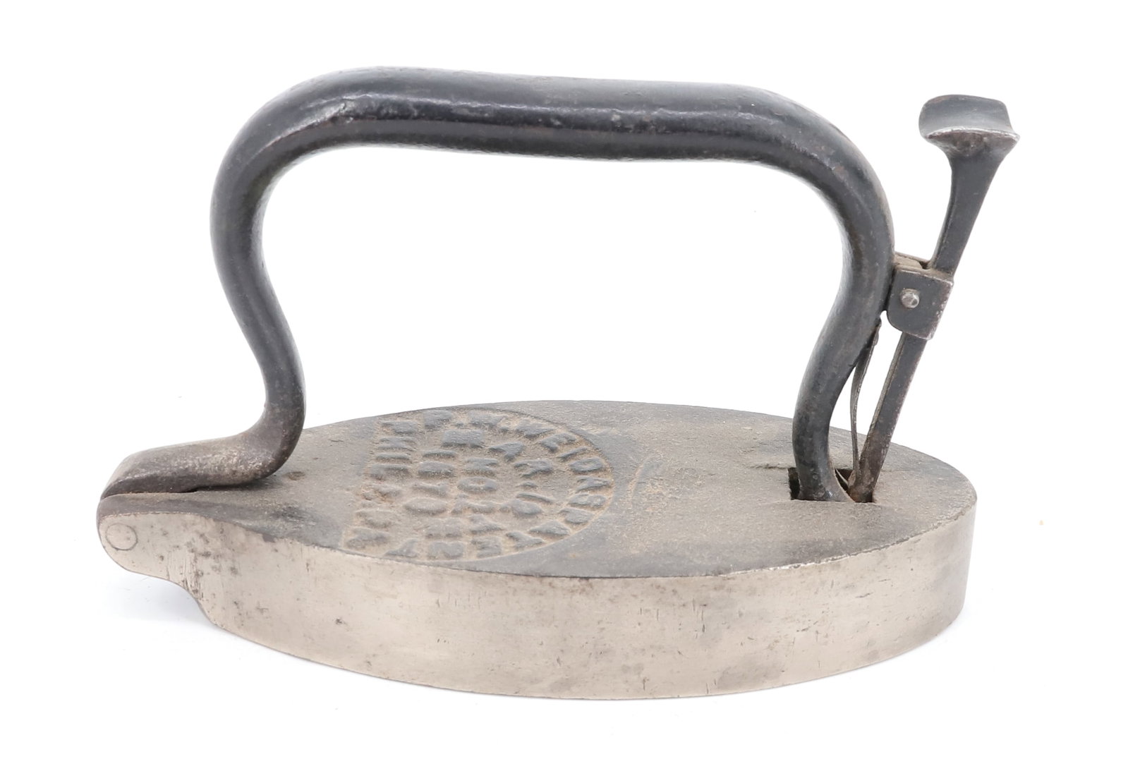 P.W. WEIDAS FLAT IRON: NICKEL / IRON BODY WITH HINGED HANDLE PAINTED BLACK. EMBOSSED ON TOP "P.W. WEIDAS PATENT MAR, 12TH 1870, NO. 2" 6 7/8" L. PLEASE READ CAREFULLY - ITEMS MUST BE PAID FOR THROUGH LIVE AUCTIONEERS OR
