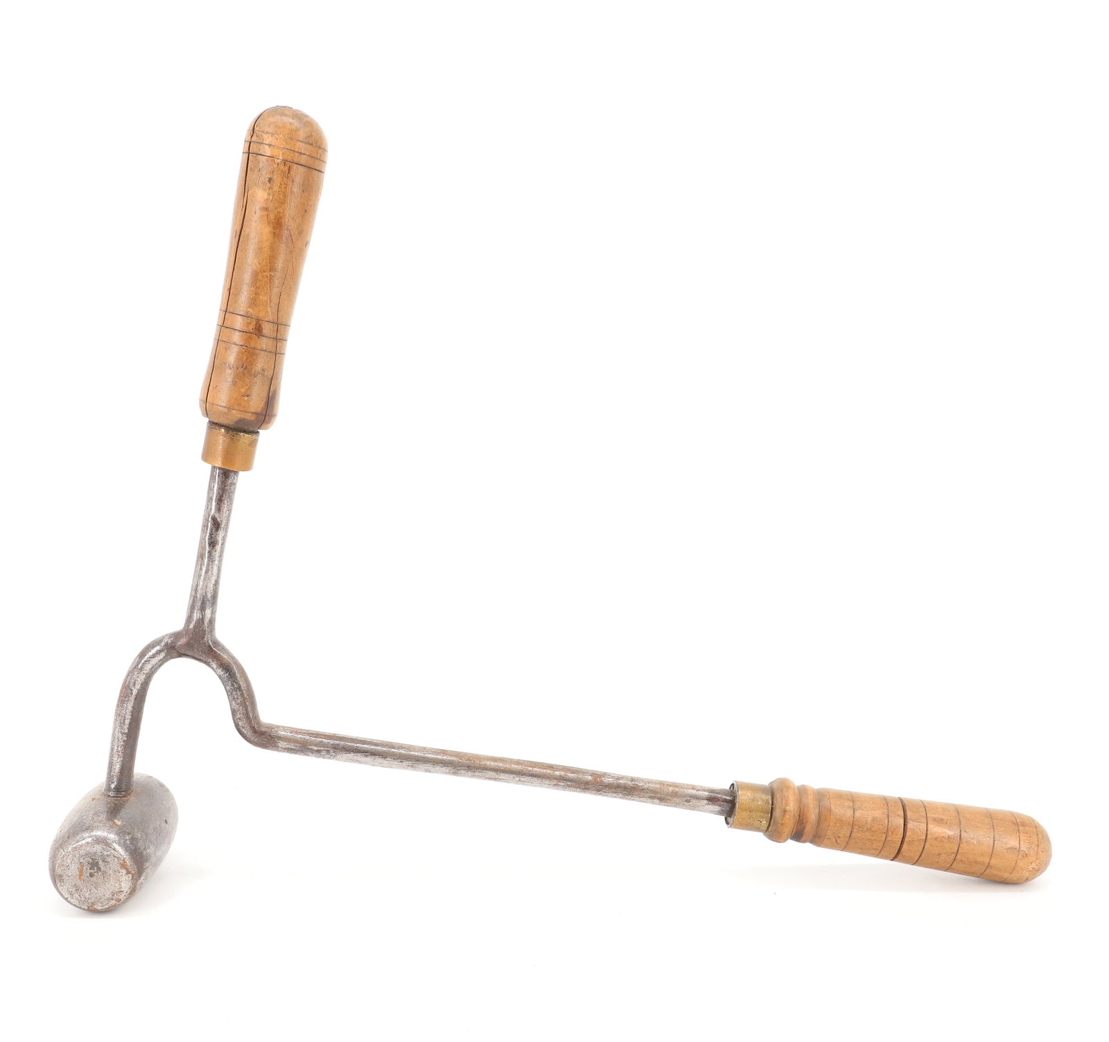 UNUSUAL EGG-STYLE IRON: UNUSUAL FORM WITH 2 1/2" EGG. TWO WOODEN HAND GRIPS FOR WORKING EGG POLISHER. 15" X 11 3/4". PLEASE READ CAREFULLY - ITEMS MUST BE PAID FOR THROUGH LIVE AUCTIONEERS OR WITH CASH OR CHECK IN PERSON - T
