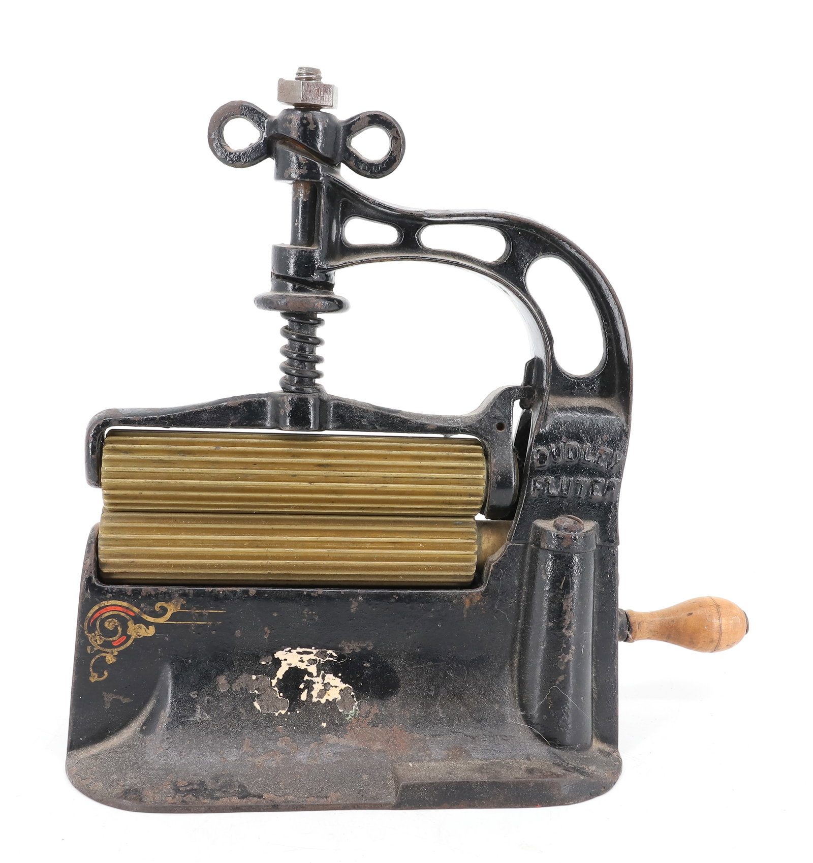 CAST IRON FLUTING MACHINE: BLACK PAINTED CAST IRON WITH BRASS ROLLERS. 6" L. PAT. NOV 14, 1876. 10 1/4" X 8 3/4". PLEASE READ CAREFULLY - ITEMS MUST BE PAID FOR THROUGH LIVE AUCTIONEERS OR WITH CASH OR CHECK IN PERSON - Terms f