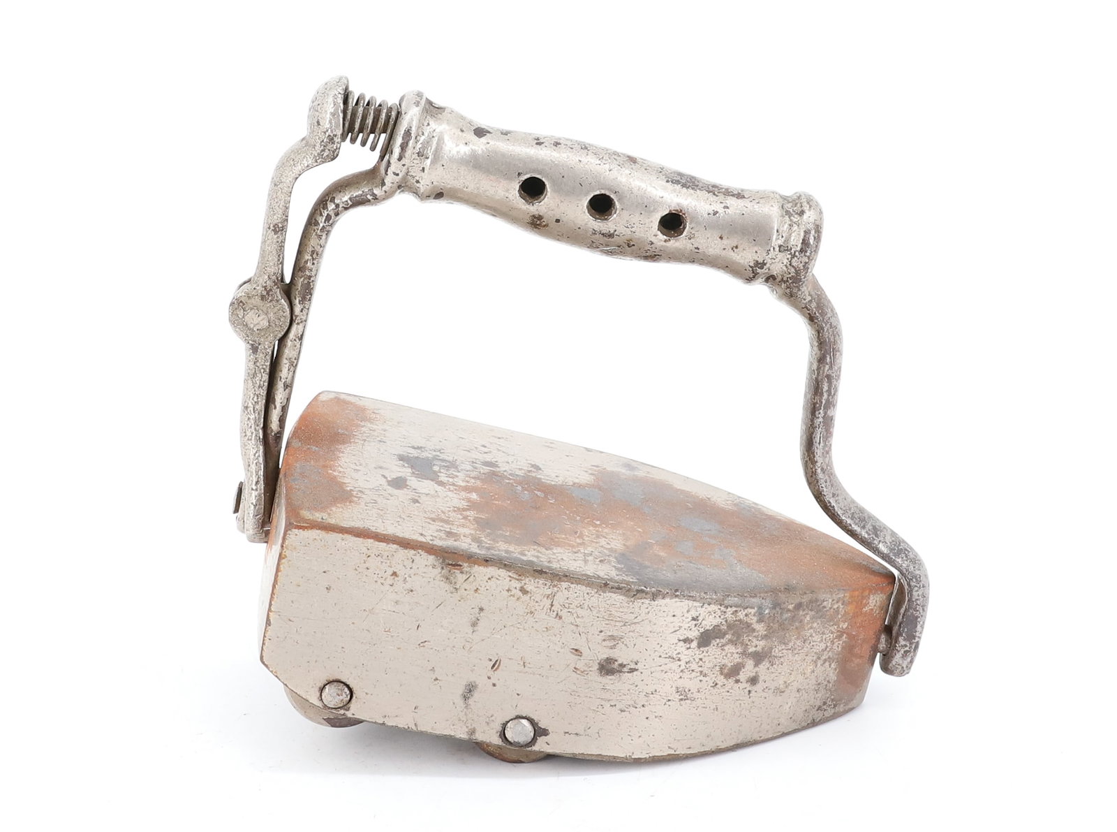 UNUSUAL COMBINATION IRON: NICKEL / CAST IRON. REVOLVING COMBO IRON WITH TWO ROLLS OF ROLLERS. FAINTLY MRKD. PAT. FEB. 16, 75. 6" L. PLEASE READ CAREFULLY - ITEMS MUST BE PAID FOR THROUGH LIVE AUCTIONEERS OR WITH CASH OR CHECK 