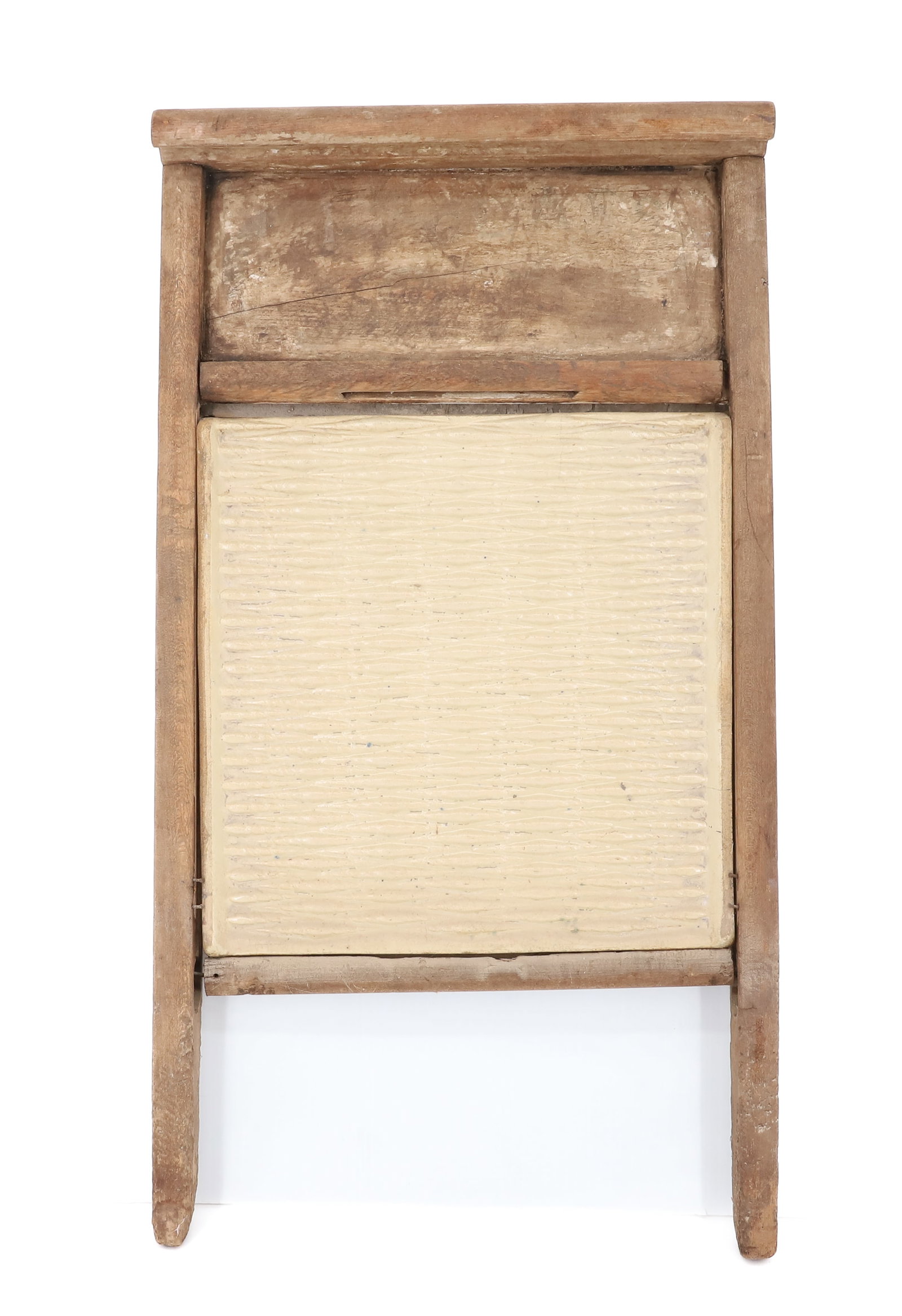 WASHBOARD WITH POTTERY INSERT: WOODEN FRAMEWORK WITH PALE YELLOW / CREAM TEXTURED INSERT. TOTAL SIZE 23" X 12 1/2". PLEASE READ CAREFULLY - ITEMS MUST BE PAID FOR THROUGH LIVE AUCTIONEERS OR WITH CASH OR CHECK IN PERSON - Terms