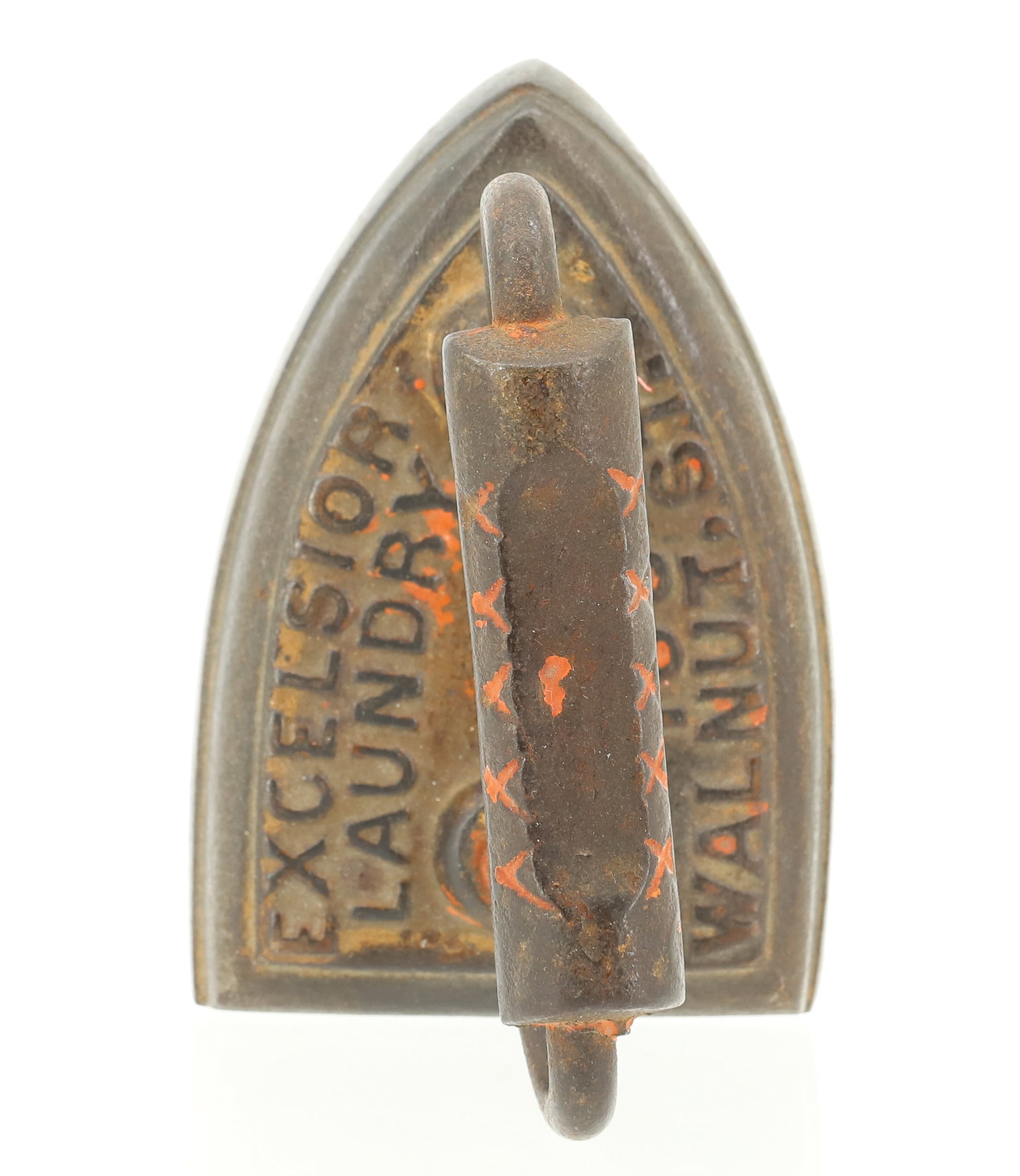 EXCELSIOR LAUNDRY ADVERTISING IRON: PAPERWEIGHT / SAD IRON. "188 WALNUT, ST." PAINTED HIGHLIGHTS. 4" L. PLEASE READ CAREFULLY - ITEMS MUST BE PAID FOR THROUGH LIVE AUCTIONEERS OR WITH CASH OR CHECK IN PERSON - Terms for Purchasing and S
