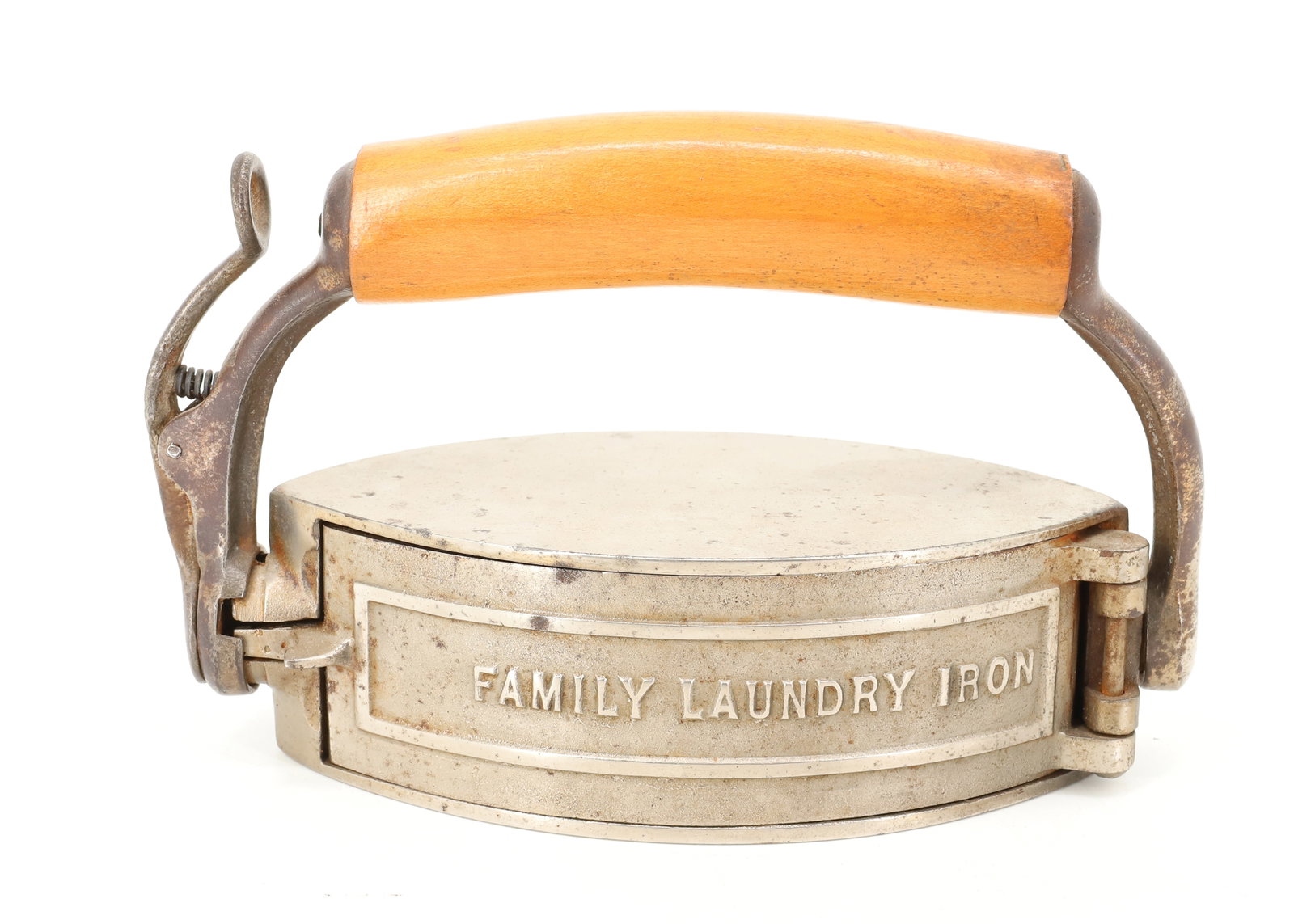 REVOLVING "FAMILY LAUNDRY IRON": COMBINATION IRON WITH HINGED SIDE DOOR WITH INTERIOR SLUG. TEXTURED ON ONE SIDE. 7 1/2" L. PLEASE READ CAREFULLY - ITEMS MUST BE PAID FOR THROUGH LIVE AUCTIONEERS OR WITH CASH OR CHECK IN PERSON - Ter