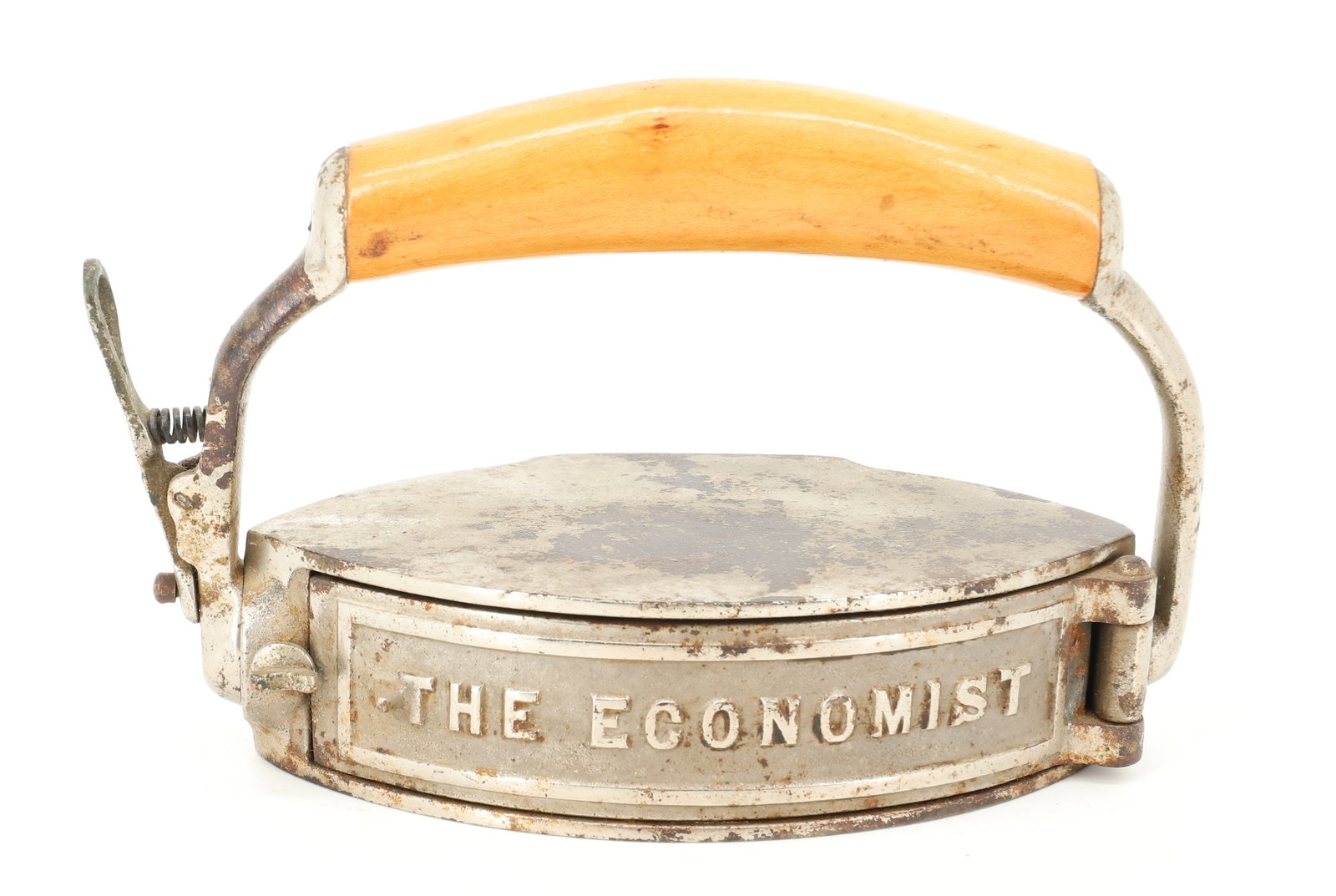 REVOLVING "THE ECONOMIST" COMBINATION IRON: NICKEL / CAST IRON WITH HINGED SIDE DOOR "THE ECONOMIST" WITH INTERIOR SLUG. 7 1/2" L. PLEASE READ CAREFULLY - ITEMS MUST BE PAID FOR THROUGH LIVE AUCTIONEERS OR WITH CASH OR CHECK IN PERSON - Terms