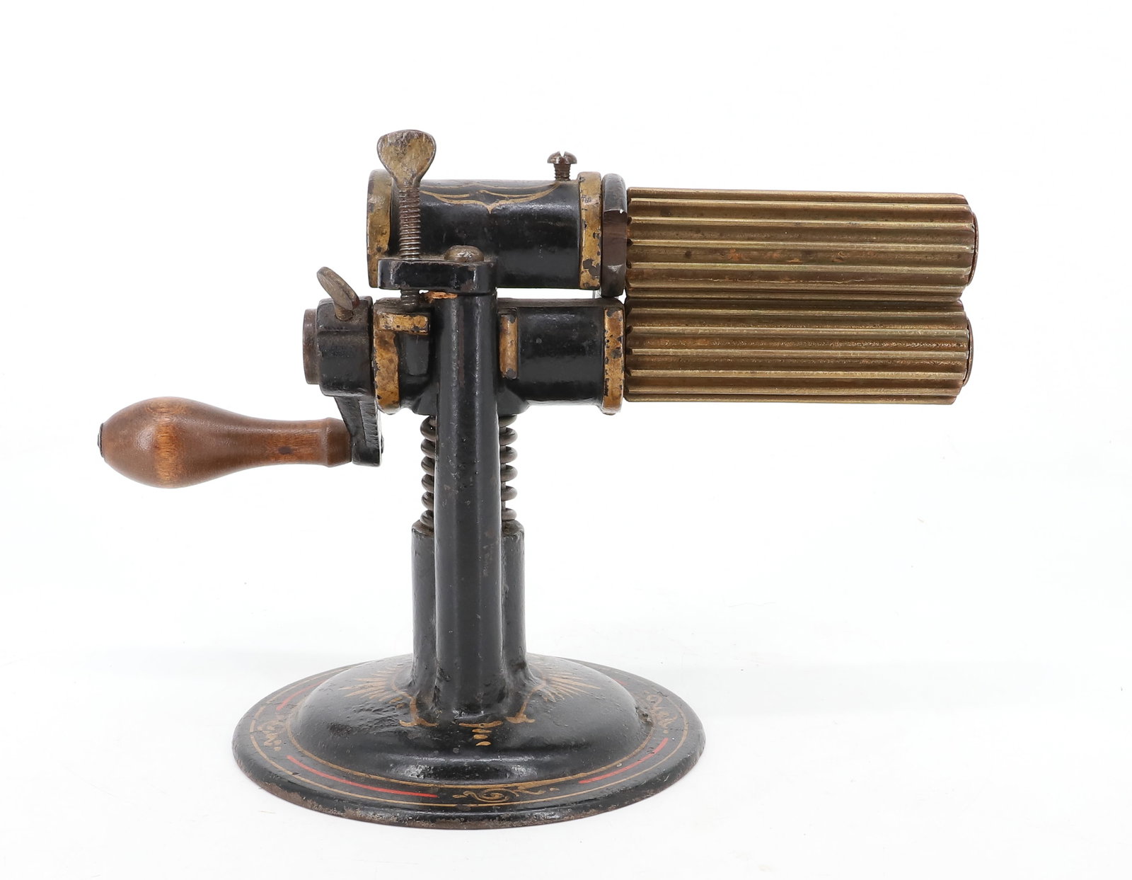 CAST IRON / BRASS FLUTING MACHINE: BLACK PAINTED SURFACE WITH GOLD / RED DECORATION. TWO BRASS ROLLERS 4 1/2" L. PATENTED "DEC 21, 18.." 8" H. PLEASE READ CAREFULLY - ITEMS MUST BE PAID FOR THROUGH LIVE AUCTIONEERS OR WITH CASH OR CHEC