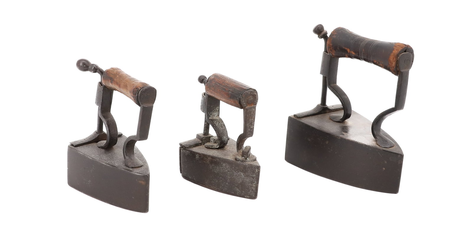 (3) DROP-IN-BACK SLUG IRONS: REAR LIFT-GATES WITH INTERIOR SLUGS. WOODEN HAND GRIPS ON "C" POSTS. 2 3/4" TO 4" LENGTHS. PLEASE READ CAREFULLY - ITEMS MUST BE PAID FOR THROUGH LIVE AUCTIONEERS OR WITH CASH OR CHECK IN PERSON - Ter