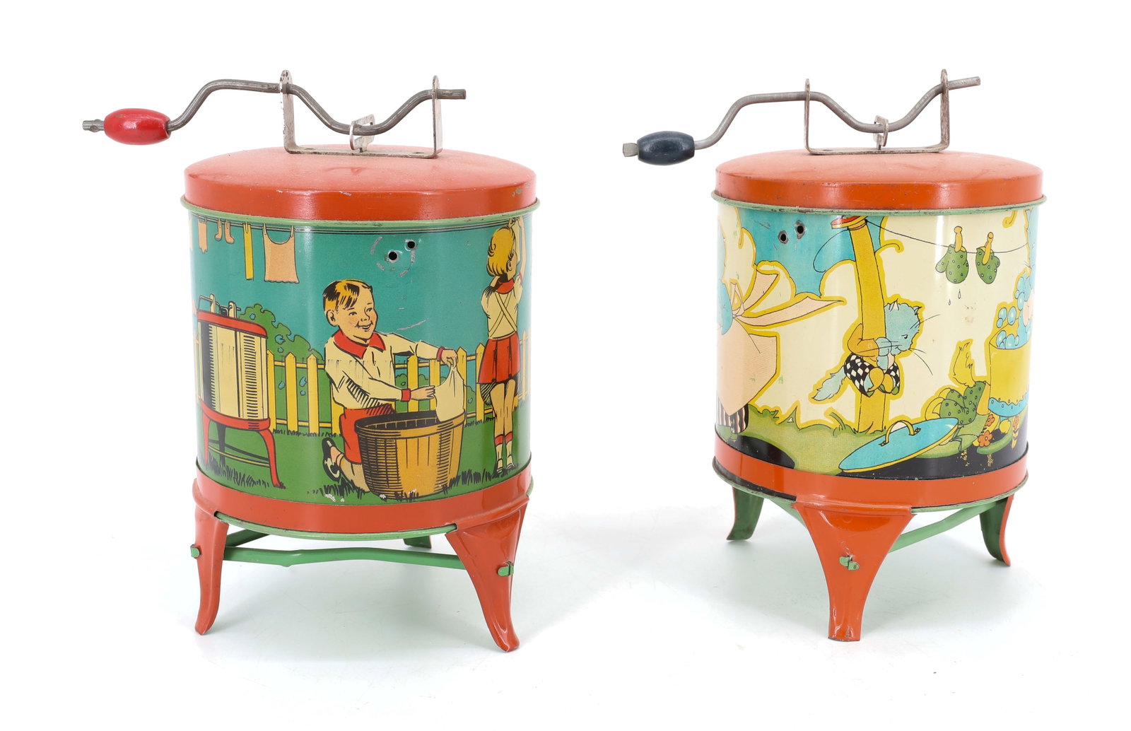 (2) TIN LITHO TOY WASHING MACHINES: DOLLY'S LAUNDRY AND OHIO ART "THREE LITTLE KITTENS". 7 3/4" H. PLEASE READ CAREFULLY - ITEMS MUST BE PAID FOR THROUGH LIVE AUCTIONEERS OR WITH CASH OR CHECK IN PERSON - Terms for Purchasing and
