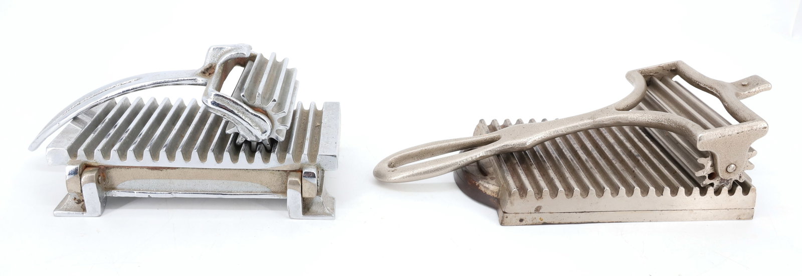 (2) ANTIQUE FLUTERS: LARGER IS NICKEL / IRON TWO PIECES. BASE MRKD. "INDICATOR, PAT JUNE 4, 1878, ILION, N.Y." WITH, "AMERICAN MACHINE CO. PHILADELPHIA, PA" BASE HAS HINGED LID WITH INTERIOR SLUG. 5 3/4" L. PLEASE READ CA