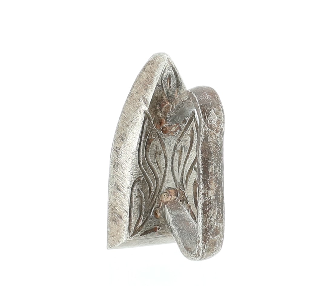 MINIATURE AMAZOC IRON: DECORATED TOP. 1 5/8" L. PLEASE READ CAREFULLY - ITEMS MUST BE PAID FOR THROUGH LIVE AUCTIONEERS OR WITH CASH OR CHECK IN PERSON - Terms for Purchasing and Shipping of Auction Items. Please read