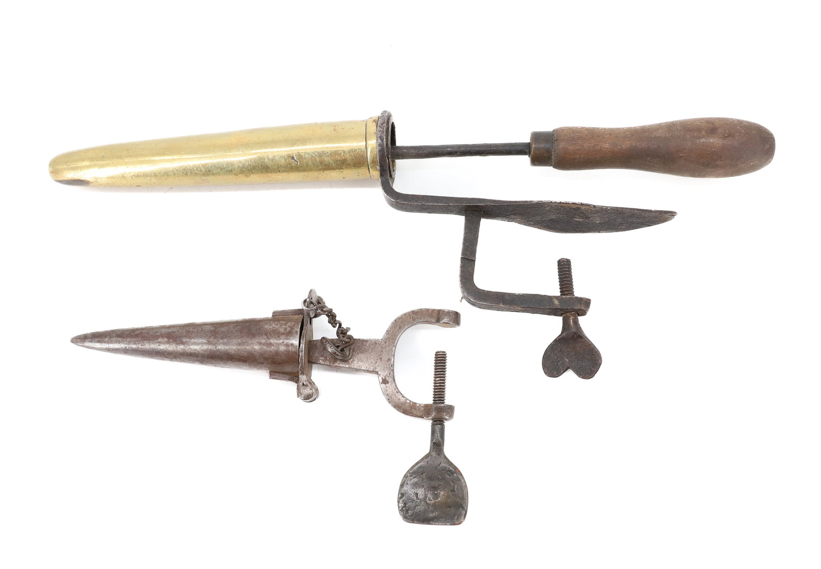 (2) CLAMP-ON GOFFERING IRONS: BRASS AND IRON. ONE WITH HEATING ROD. HEART THUMB SCREW AND WROUGHT CLAMP. BRASS BARREL 6 1/2" L. OTHER WITH, HINGED DESIGN AND "C" CLAMP. 4" L. PLEASE READ CAREFULLY - ITEMS MUST BE PAID FOR THROUGH