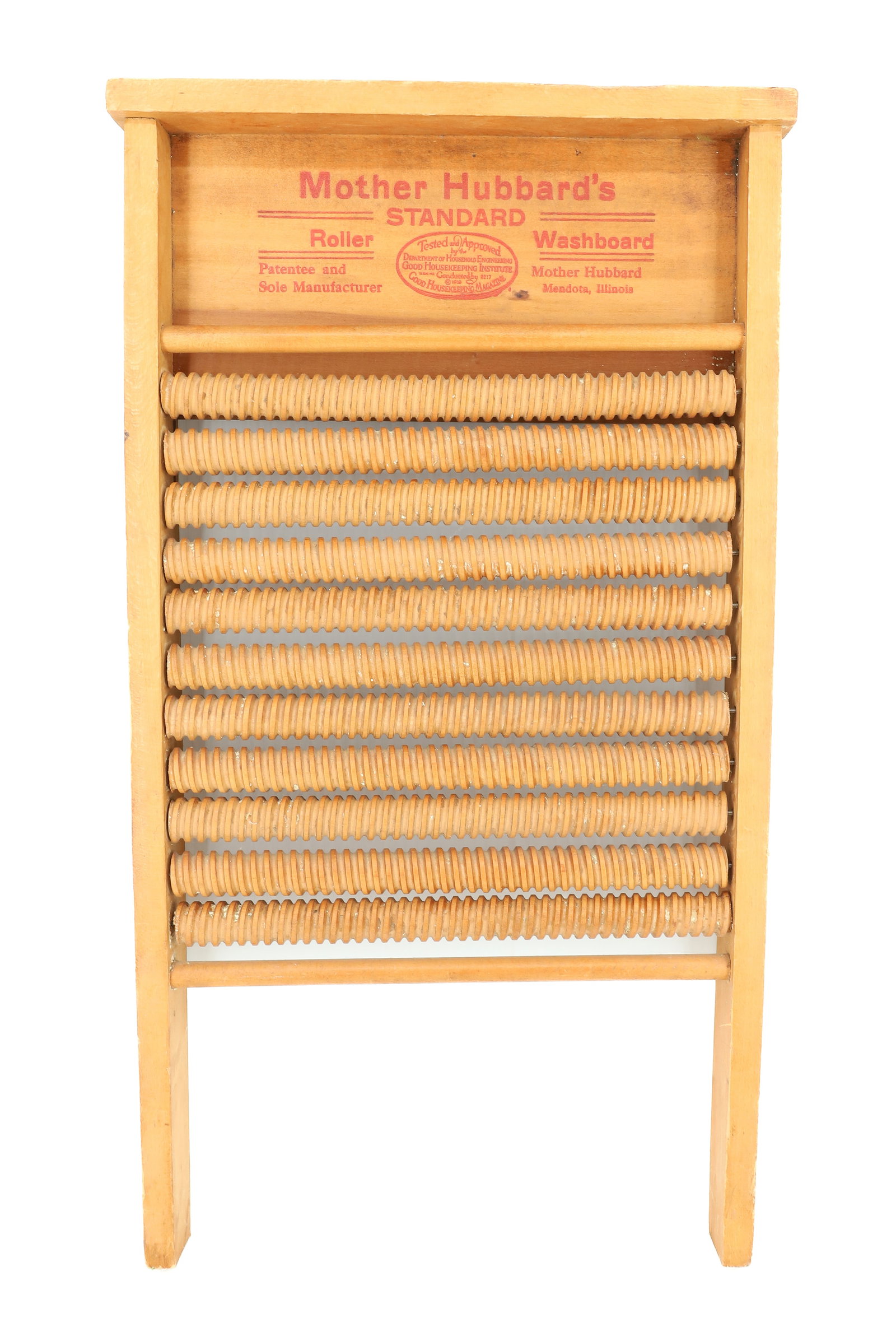MOTHER HUBBARD'S WOODEN WASHBOARD: ROLLER WASHBOARD, MARKED AT TOP - DIRECTIONS FOR USE ON REVERSE - 22" X 12" PLEASE READ CAREFULLY - ITEMS MUST BE PAID FOR THROUGH LIVE AUCTIONEERS OR WITH CASH OR CHECK IN PERSON - Terms for Purchasi