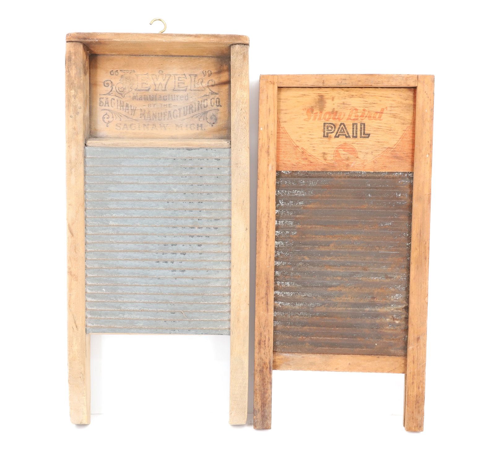 (2) SMALL SIZE WASHBOARDS: INCLUDING; JEWEL AND SNOWBIRD PAIL - WOODEN FRAMES WITH TIN INSERTS - 14 3/4" X 7" AND 16" X 7 1/2" PLEASE READ CAREFULLY - ITEMS MUST BE PAID FOR THROUGH LIVE AUCTIONEERS OR WITH CASH OR CHECK IN