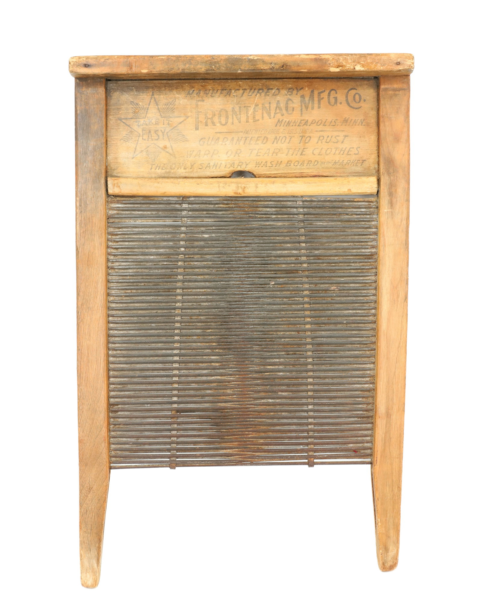 FRONTENAC MFG. CO. WASHBOARD: STEEL ROD SURFACE WITH WOODEN FRAME WORK, STENCILED AT TOP - 22" X 14" PLEASE READ CAREFULLY - ITEMS MUST BE PAID FOR THROUGH LIVE AUCTIONEERS OR WITH CASH OR CHECK IN PERSON - Terms for Purchasing