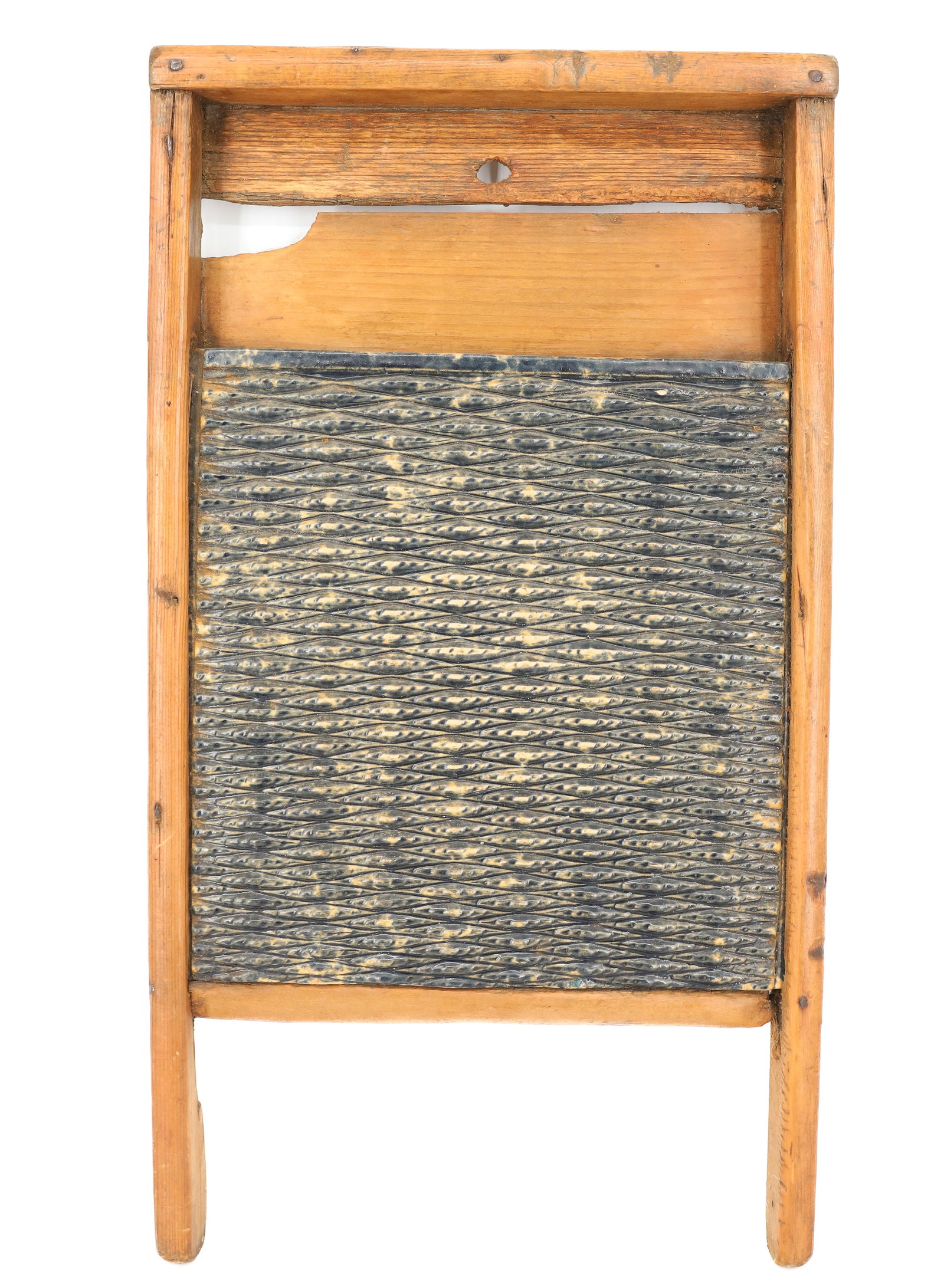 POTTERY AND WOOD WASHBOARD: SPONGED YELLOW WARE INSERT, WITH WOODEN FRAME WORK - 22" X 12 1/4" PLEASE READ CAREFULLY - ITEMS MUST BE PAID FOR THROUGH LIVE AUCTIONEERS OR WITH CASH OR CHECK IN PERSON - Terms for Purchasing and