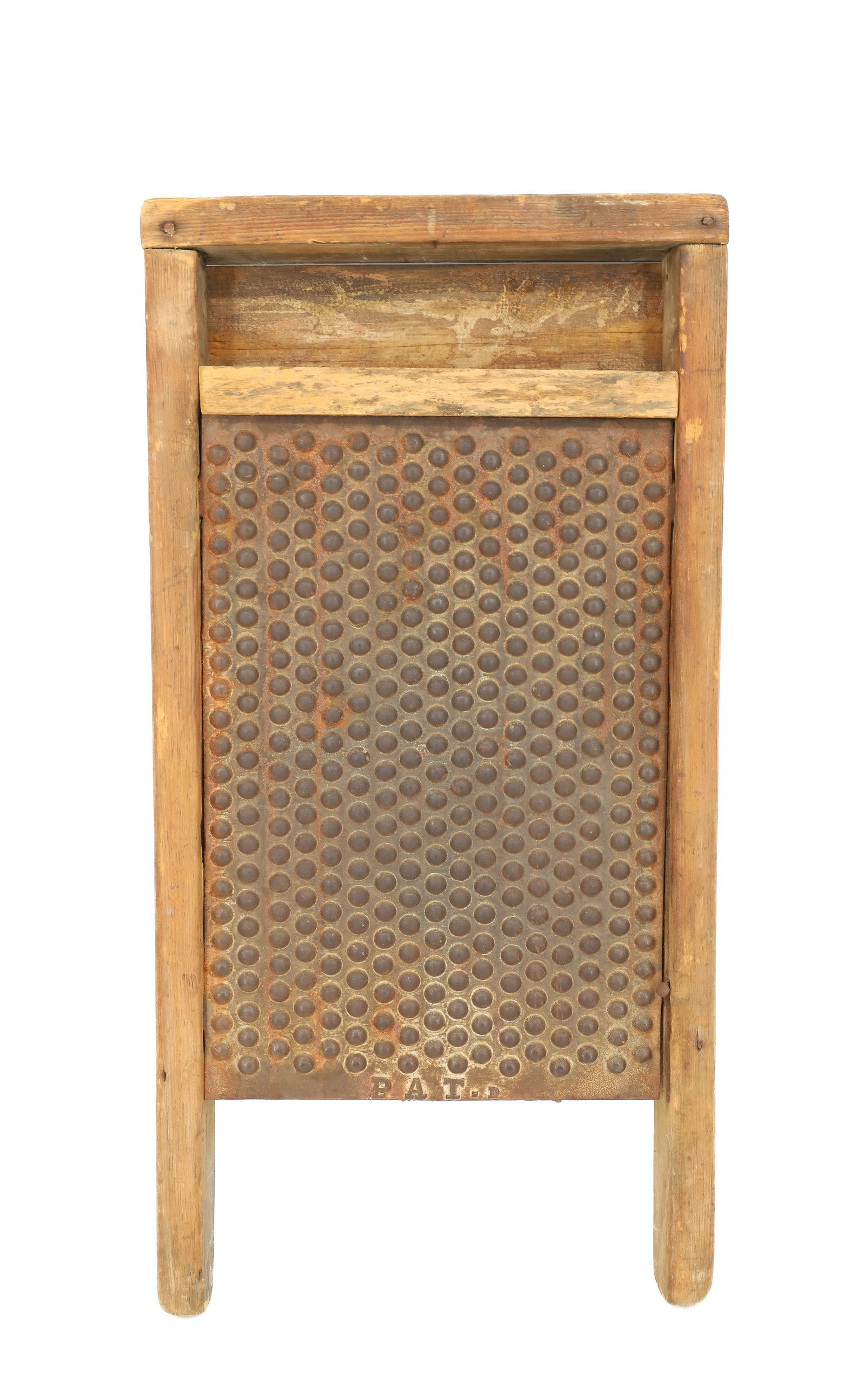 CAST IRON AND WOODEN WASHBOARD: CAST IRON DIMPLED SURFACE, MARKED: PAT.D AT BOTTOM, WOODEN FRAMEWORK - 23 1/2" X 11 1/2" PLEASE READ CAREFULLY - ITEMS MUST BE PAID FOR THROUGH LIVE AUCTIONEERS OR WITH CASH OR CHECK IN PERSON -