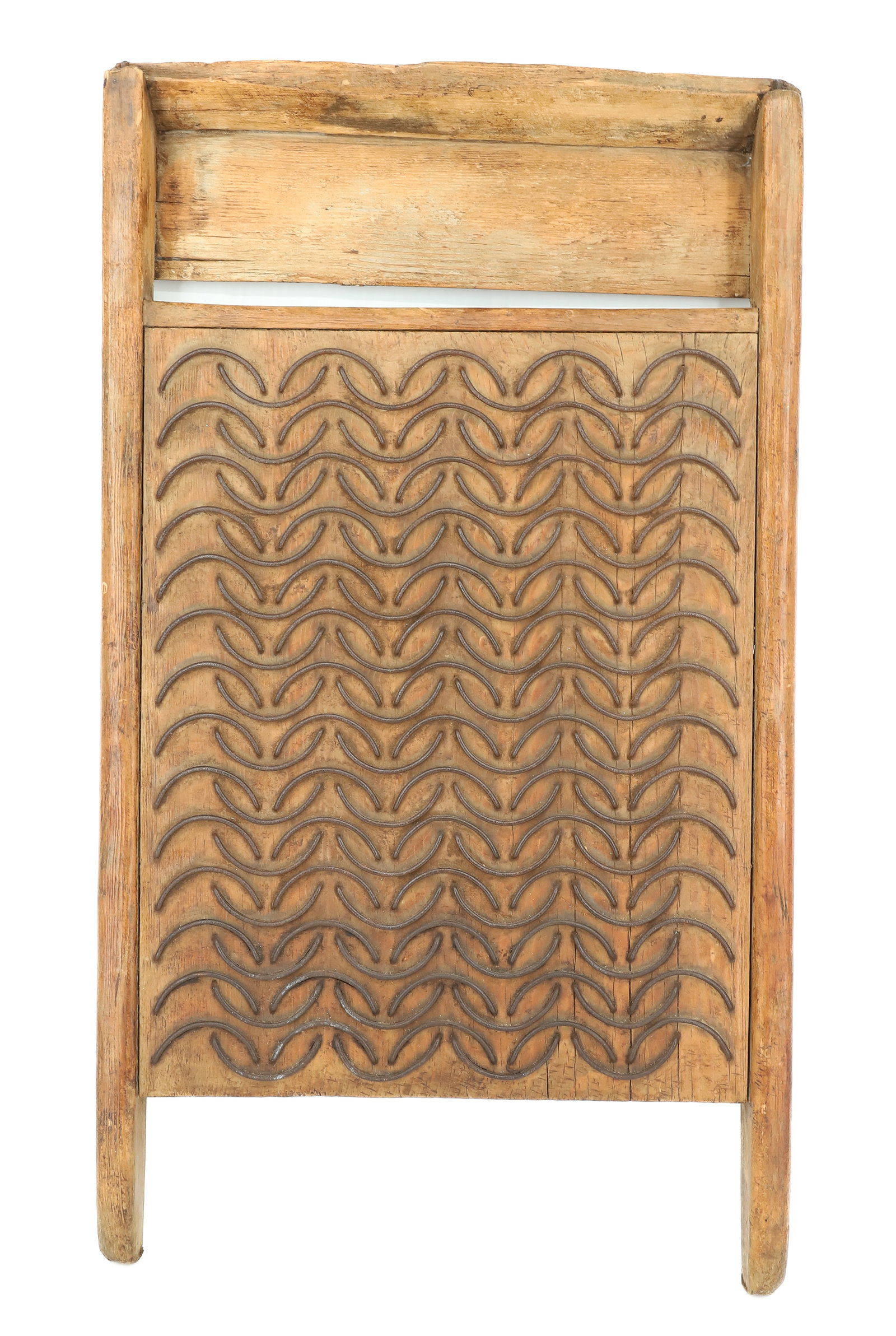 UNUSUAL WIRE AND WOOD WASHBOARD: CURVED IRON "LINE" SURFACE, WOODEN FRAMEWORK - 23 1/2" X 14 1/2" PLEASE READ CAREFULLY - ITEMS MUST BE PAID FOR THROUGH LIVE AUCTIONEERS OR WITH CASH OR CHECK IN PERSON - Terms for Purchasing and