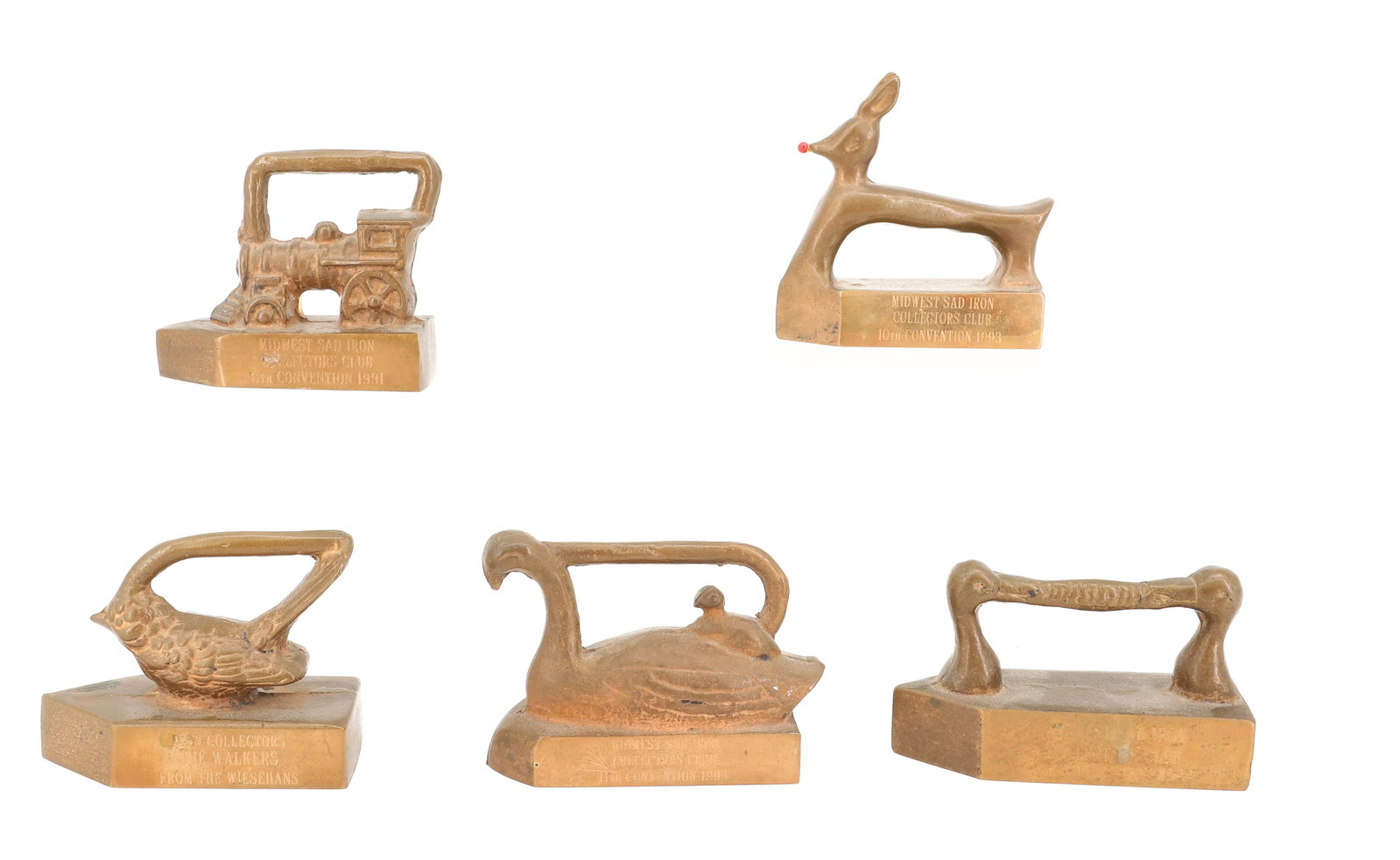 LOT OF (5) PRESSING IRON CLUB IRONS: INCLUDING: 1991. 1992. 1993. 2004 MIDWEST SAD IRON COLLECTORS CLUB CONVENTION. IRON COLLECTOR'S THE WALKERS WIESEHANS. PLEASE READ CAREFULLY - ITEMS MUST BE PAID FOR THROUGH LIVE AUCTIONEERS OR WITH C