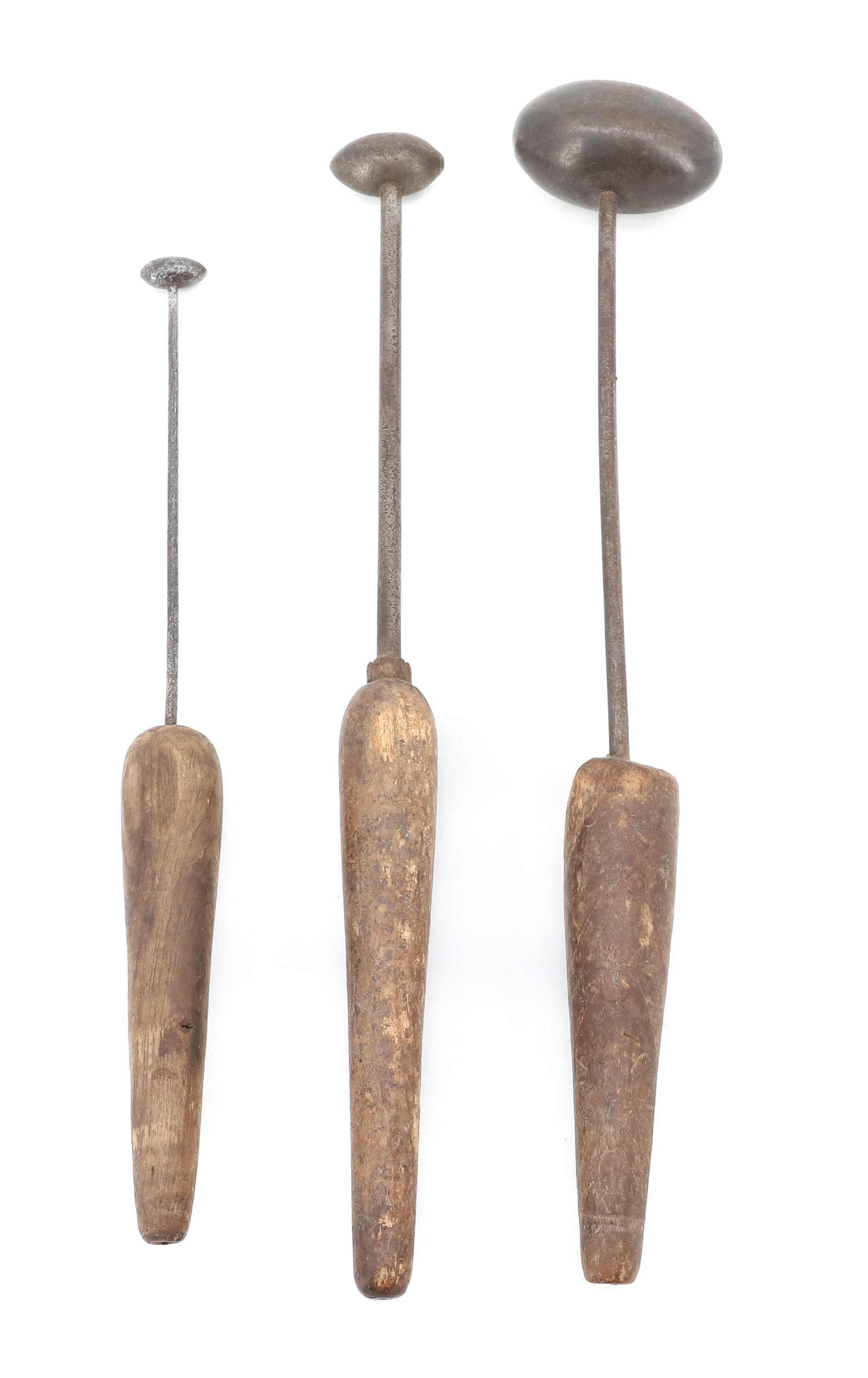 (3) EGG IRON STEMS: THREE EGG IRONS WITH WOOD/WIRE STEMS. 1/4" TO 2" (EGGS). PLEASE READ CAREFULLY - ITEMS MUST BE PAID FOR THROUGH LIVE AUCTIONEERS OR WITH CASH OR CHECK IN PERSON - Terms for Purchasing and Shipping of 