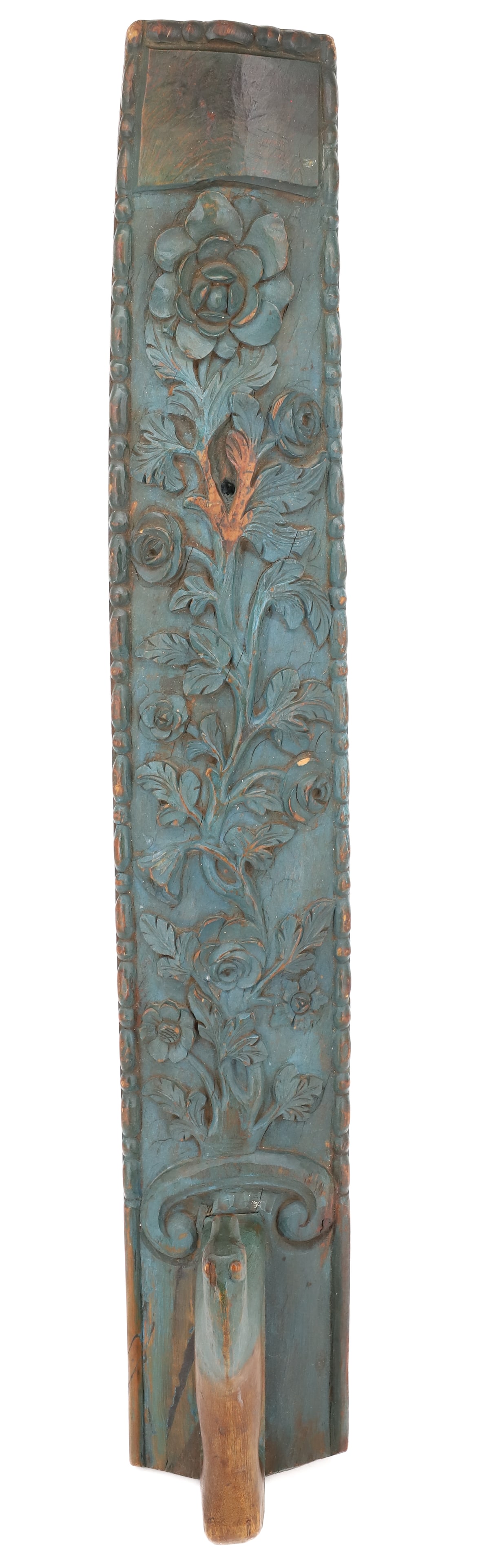 19TH CENTURY CARVED EUROPEAN MANGLE BOARD: CARVED FLORAL DESIGN WITH HORSE HANDLE AND ORIGINAL BLUE PAINT, 26" PLEASE READ CAREFULLY - ITEMS MUST BE PAID FOR THROUGH LIVE AUCTIONEERS OR WITH CASH OR CHECK IN PERSON - Terms for Purchasing and