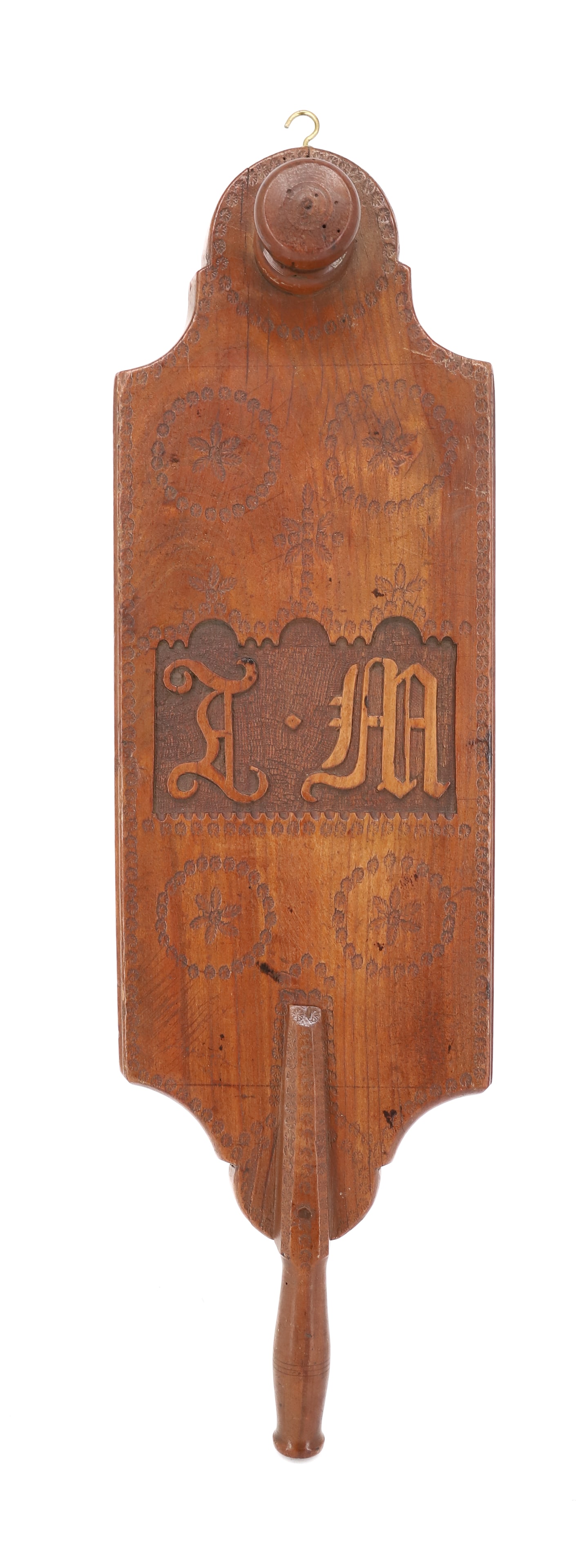 19TH C. CARVED EUROPEAN WASHBOARD: CARVED GEOMETRIC AND LEAF DESIGN ON TOP. WITH EMBOSSED CARVED INITIALS IN CENTER "LM" 25" L. PLEASE READ CAREFULLY - ITEMS MUST BE PAID FOR THROUGH LIVE AUCTIONEERS OR WITH CASH OR CHECK IN PERSON -