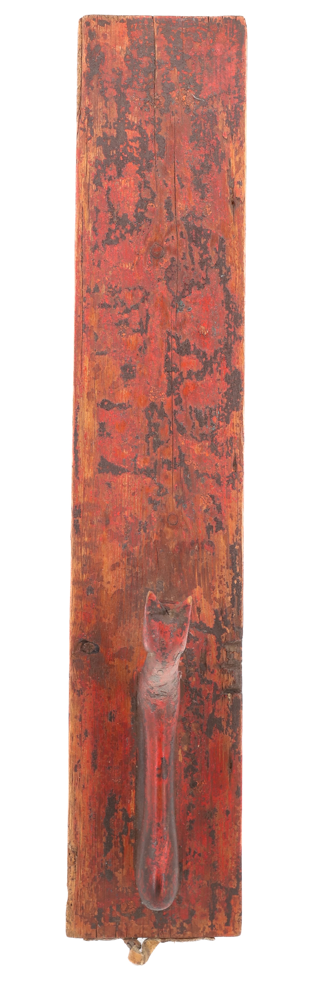 19TH C. CARVED EUROPEAN MANGLE BOARD: CARVED HORSE HANDLE. SMOOTH SURFACE WITH ORIGINAL RED PAINT. 25" L. PLEASE READ CAREFULLY - ITEMS MUST BE PAID FOR THROUGH LIVE AUCTIONEERS OR WITH CASH OR CHECK IN PERSON - Terms for Purchasing and S