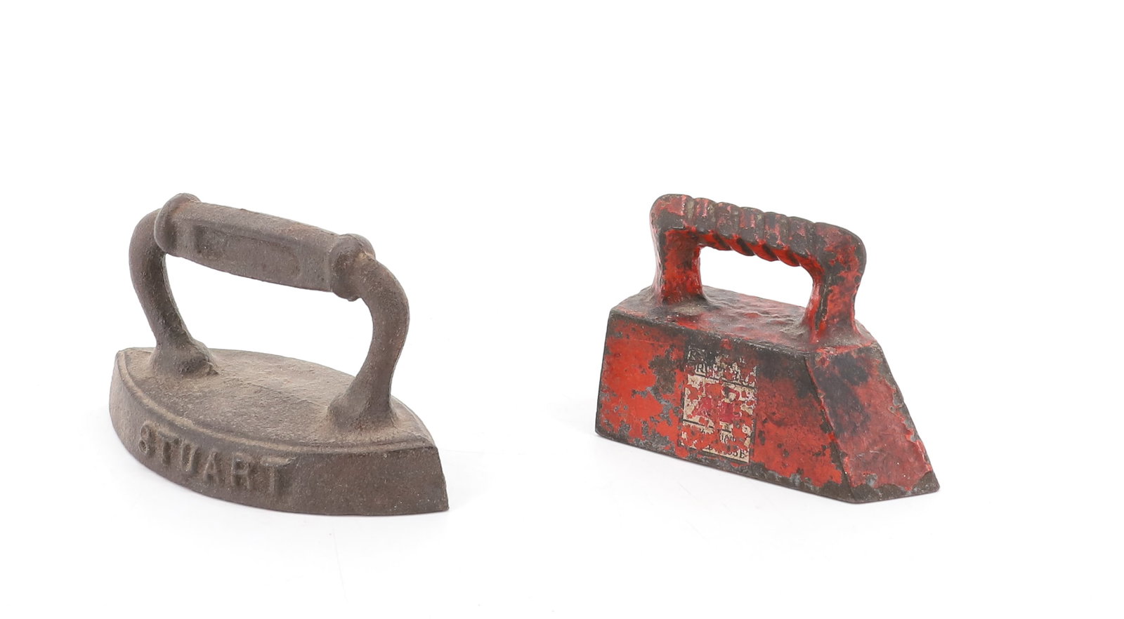 (2) ADVERTISING IRONS: RED PAINTED EXAMPLE "MODERATE PRICED TAILORS". DOUBLE-POINT "FERANCE-HP, FOR IRON DEFICIENCY ANEMIA" 3" AND 4" LENGTHS. PLEASE READ CAREFULLY - ITEMS MUST BE PAID FOR THROUGH LIVE AUCTIONEERS OR WITH 