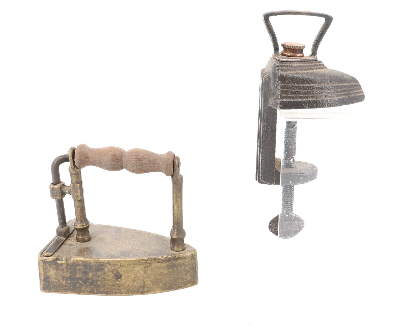 SMALL SIZE CLAMP ON FLAT IRON AND BOX IRON: CLAMP-ON FLAT IRON WITH COPPER SCREW AT TOP AND LAYERED TOP. WITH, 19TH C. EUROPEAN BRASS BOX IRON. INTERIOR SLUG. PLEASE READ CAREFULLY - ITEMS MUST BE PAID FOR THROUGH LIVE AUCTIONEERS OR WITH CASH