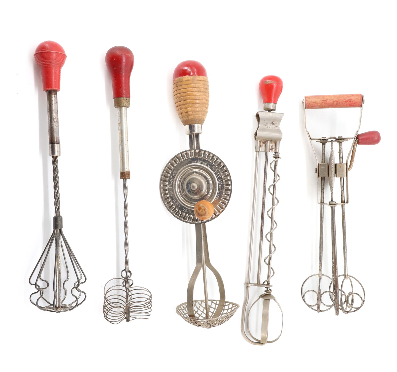 UNUSUAL VINTAGE HAND MIXERS/BEATERS: PAINTED RED WOODEN HANDLES, ONE MARKED; ANDROCK - OTHER MARKED; MADE IN U.S.A. - LARGEST 13 1/4" PLEASE READ CAREFULLY - ITEMS MUST BE PAID FOR THROUGH LIVE AUCTIONEERS OR WITH CASH OR CHECK IN PERSON