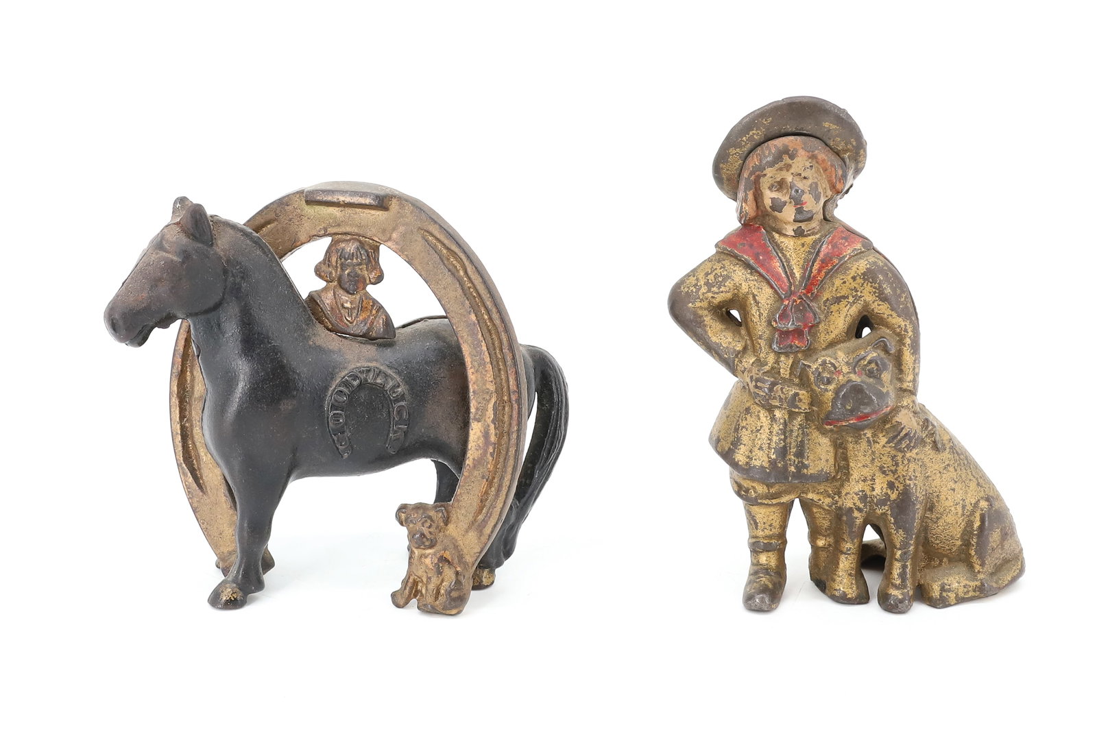 (2) BUSTER BROWN AND TIGE STILL BANKS: PAINTED CAST IRON WITH BUSTER BROWN AND TIGE PAINTED RED, 5"H WITH BUSTER BROWN, TIGE, AND BLACK PAINTED HORSE MARKED; GOOD LUCK - 4 " H PLEASE READ CAREFULLY - ITEMS MUST BE PAID FOR THROUGH LIVE AUC