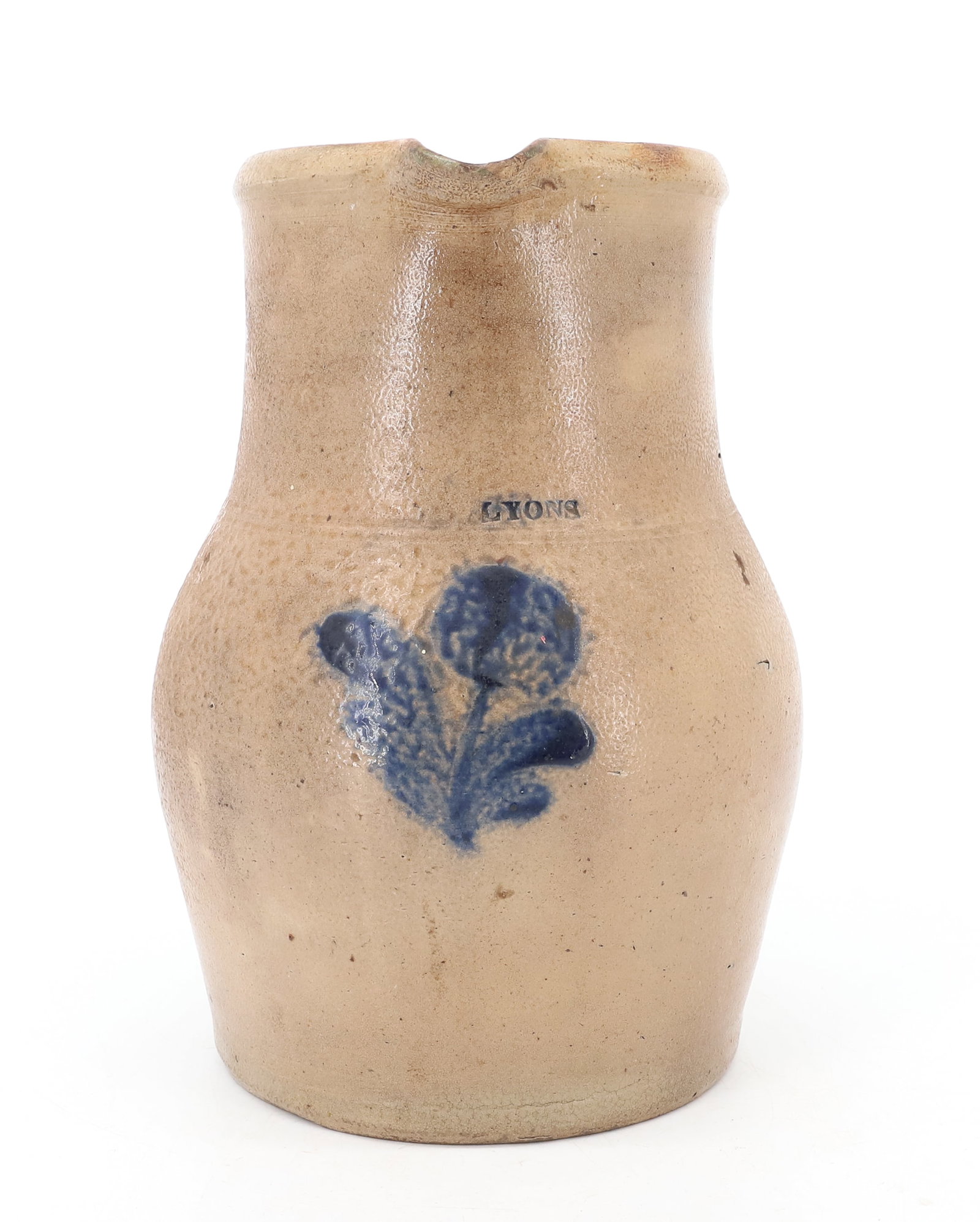 BLUE DECORATED STONEWARE PITCHER: BLUE FLORAL DECORATION, MARKED; LYONS ABOVE DECORATION - 10 1/2" H PLEASE READ CAREFULLY - ITEMS MUST BE PAID FOR THROUGH LIVE AUCTIONEERS OR WITH CASH OR CHECK IN PERSON - Terms for Purchasing and Sh
