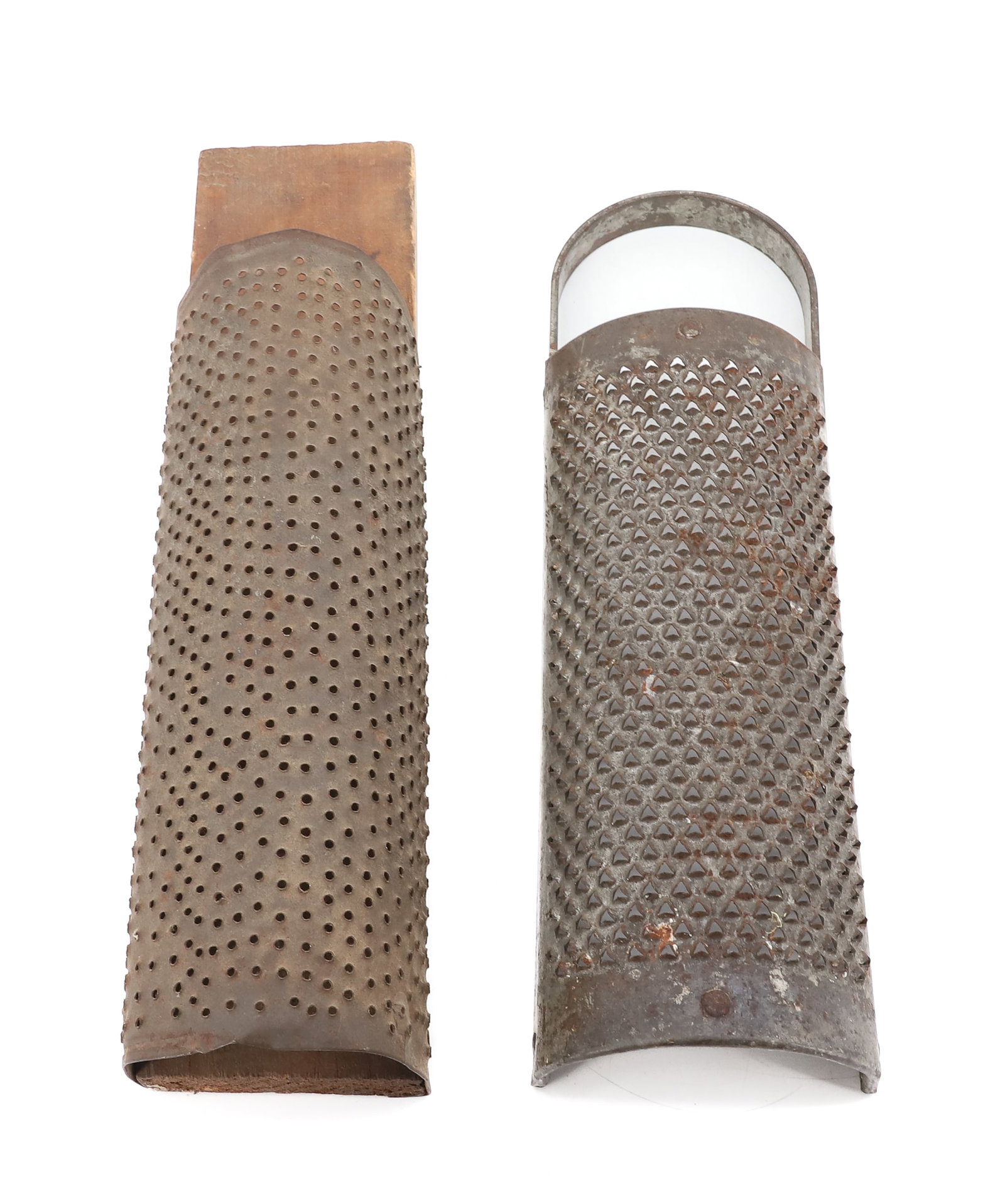 (2) ANTIQUE TIN GRATERS: EARLY EXAMPLE NAILED TO WOODEN BOARD (15") WITH HEAVY DUTY HALF GRATER WITH LOOP HANDLE (14 1/4") PLEASE READ CAREFULLY - ITEMS MUST BE PAID FOR THROUGH LIVE AUCTIONEERS OR WITH CASH OR CHECK IN PERSO