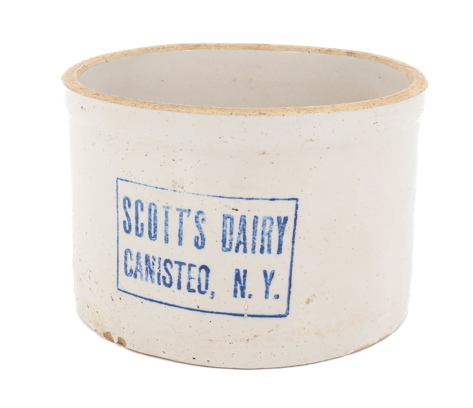 STONEWARE ADVERTISING CROCK: WHITE GLAZE WITH BLUE STAMP, "SCOTT'S DAIRY, CANISTEO, NY" - 5" X 7 1/2" PLEASE READ CAREFULLY - ITEMS MUST BE PAID FOR THROUGH LIVE AUCTIONEERS OR WITH CASH OR CHECK IN PERSON - Terms for Purchasing 