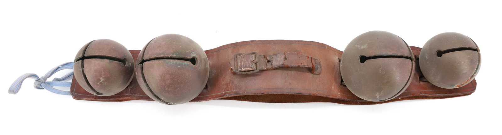 STRAP OF BRASS SLEIGH BELLS: (4) BELLS ATTACHED TO LEATHER STRAPPING, 17" L STRAP, 2 3/4" LARGEST BELL PLEASE READ CAREFULLY - ITEMS MUST BE PAID FOR THROUGH LIVE AUCTIONEERS OR WITH CASH OR CHECK IN PERSON - Terms for Purchasing