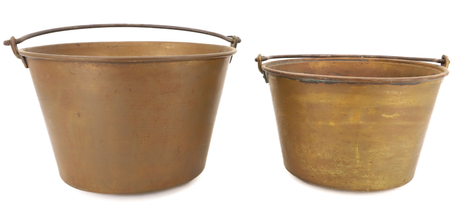 (2) ANTIQUE BRASS PAILS: SMALLER MARKED; HAYDENS PATENT DECEMBER 1850, 6" X 9 1/2" AND OTHER MARKED ILLEGIBLY ON BOTTOM, 7" X 11" - BOTH WITH IRON DROP HANDLES PLEASE READ CAREFULLY - ITEMS MUST BE PAID FOR THROUGH LIVE